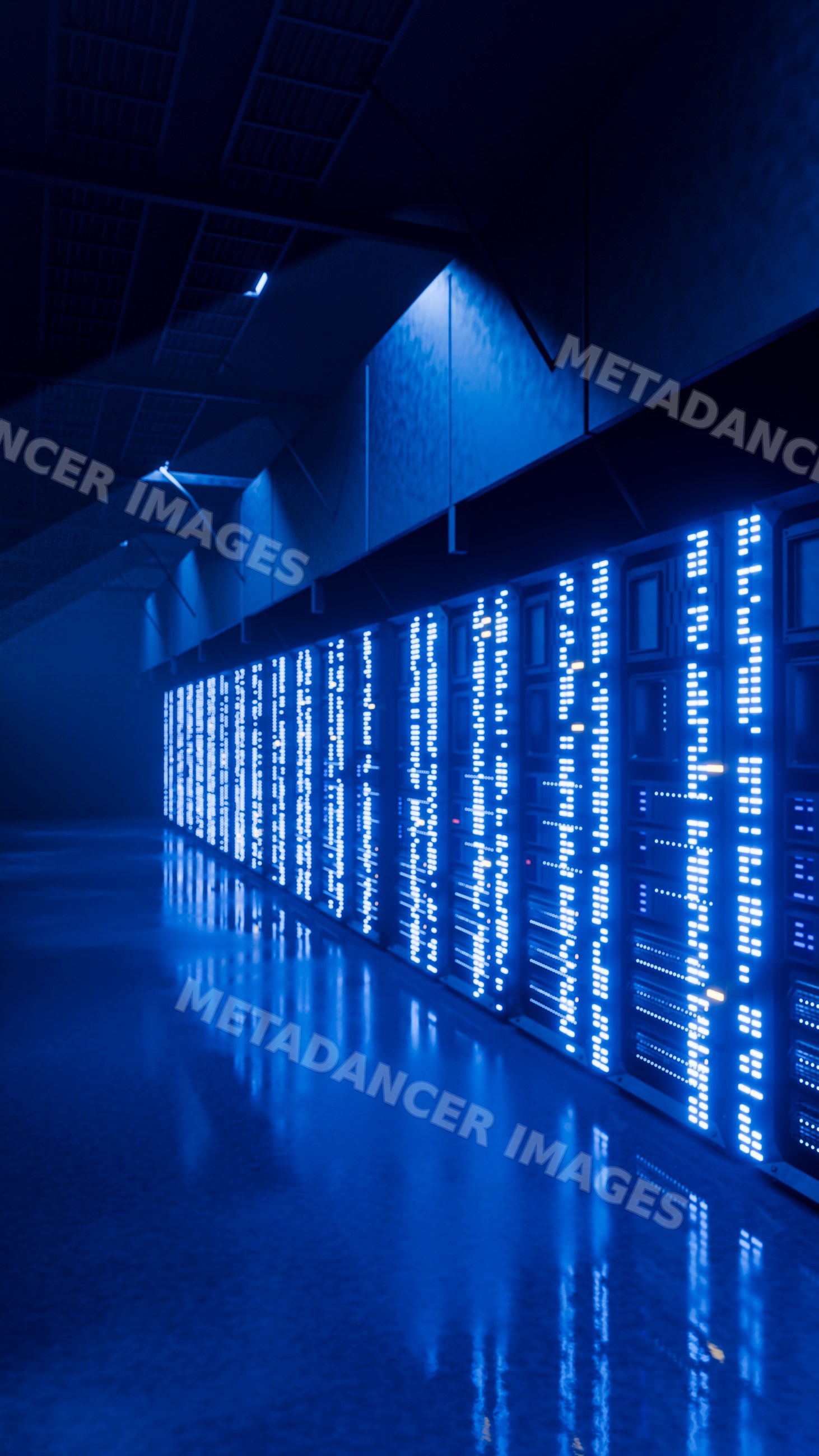 Server racks lit with blue lights in a modern data center