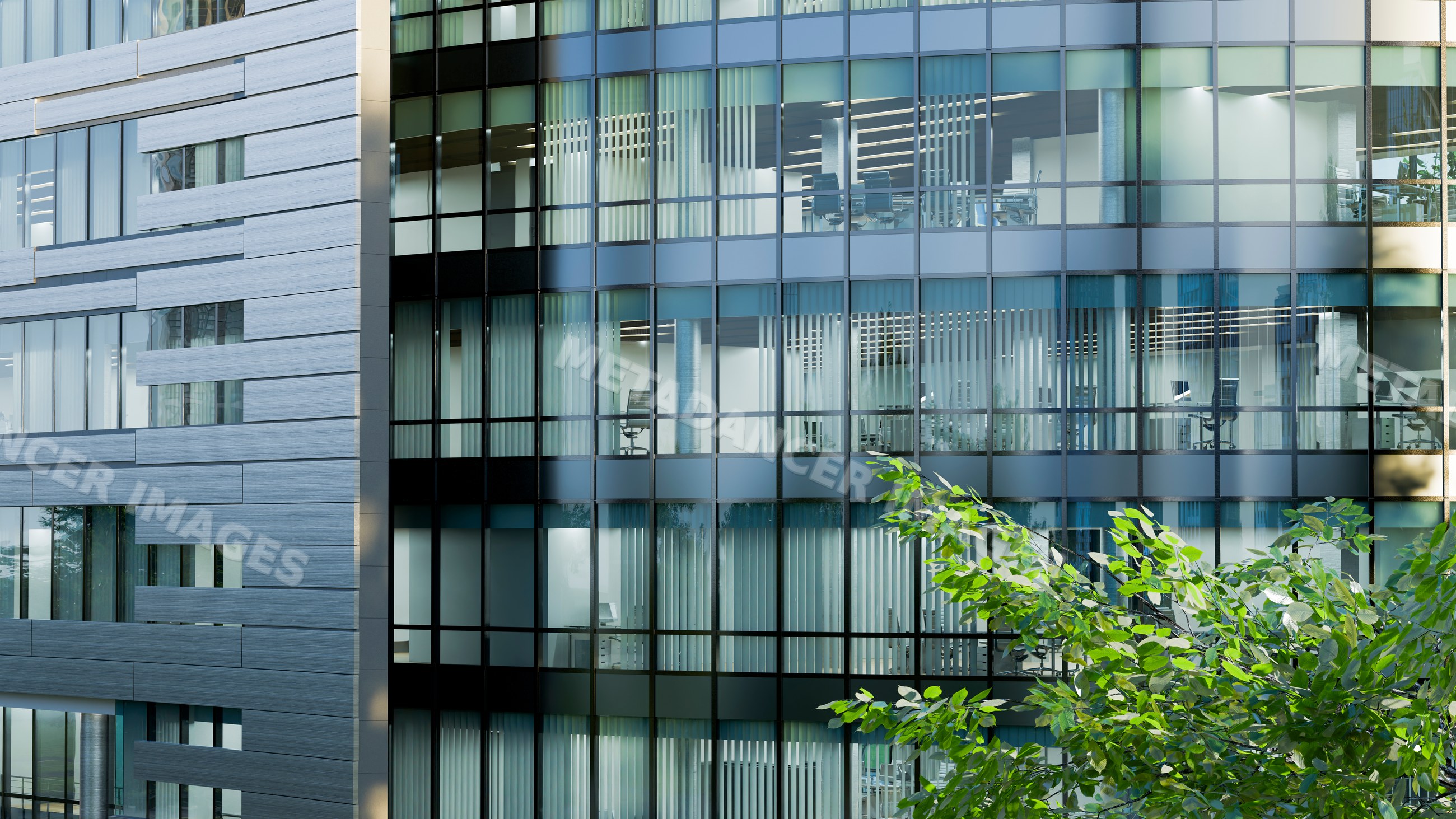 Modern office building with glass facade and conference rooms