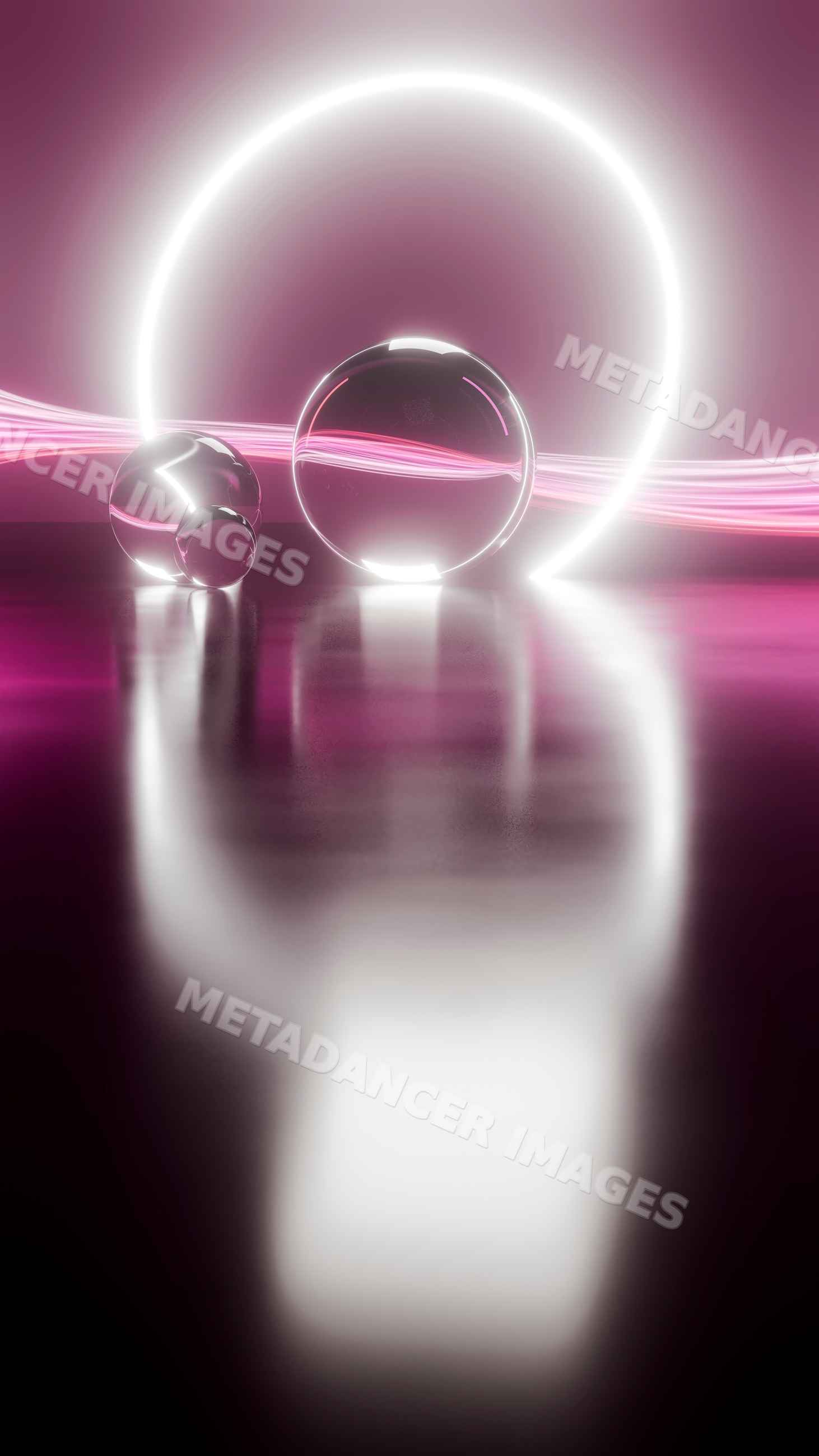 Abstract glowing light ring with three glass spheres on reflective