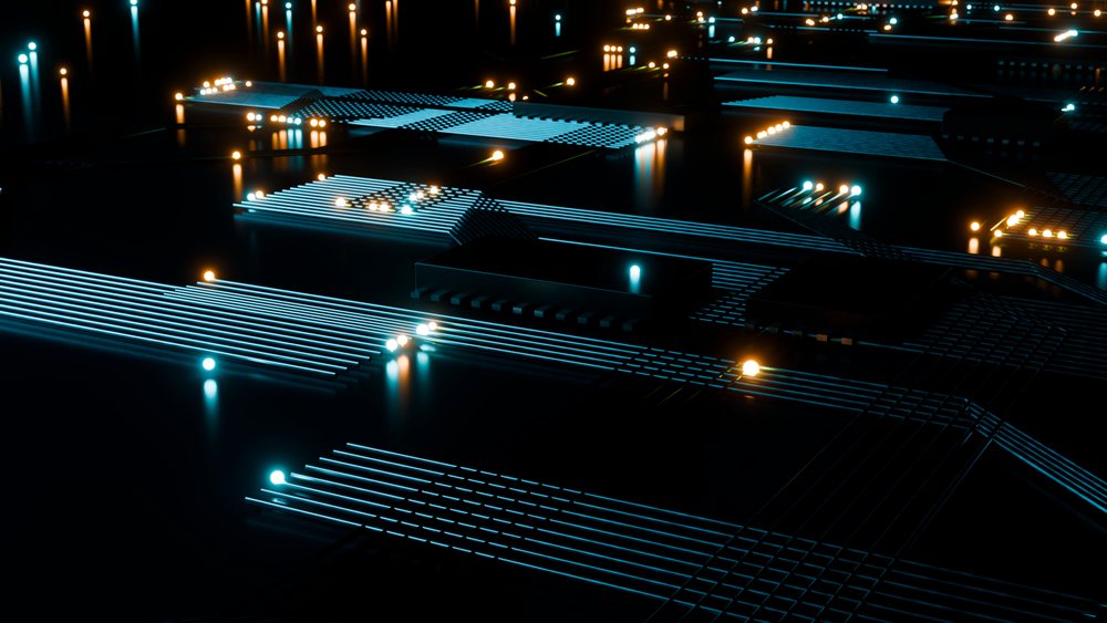Computer circuit board with glowing digital lights illustrating
