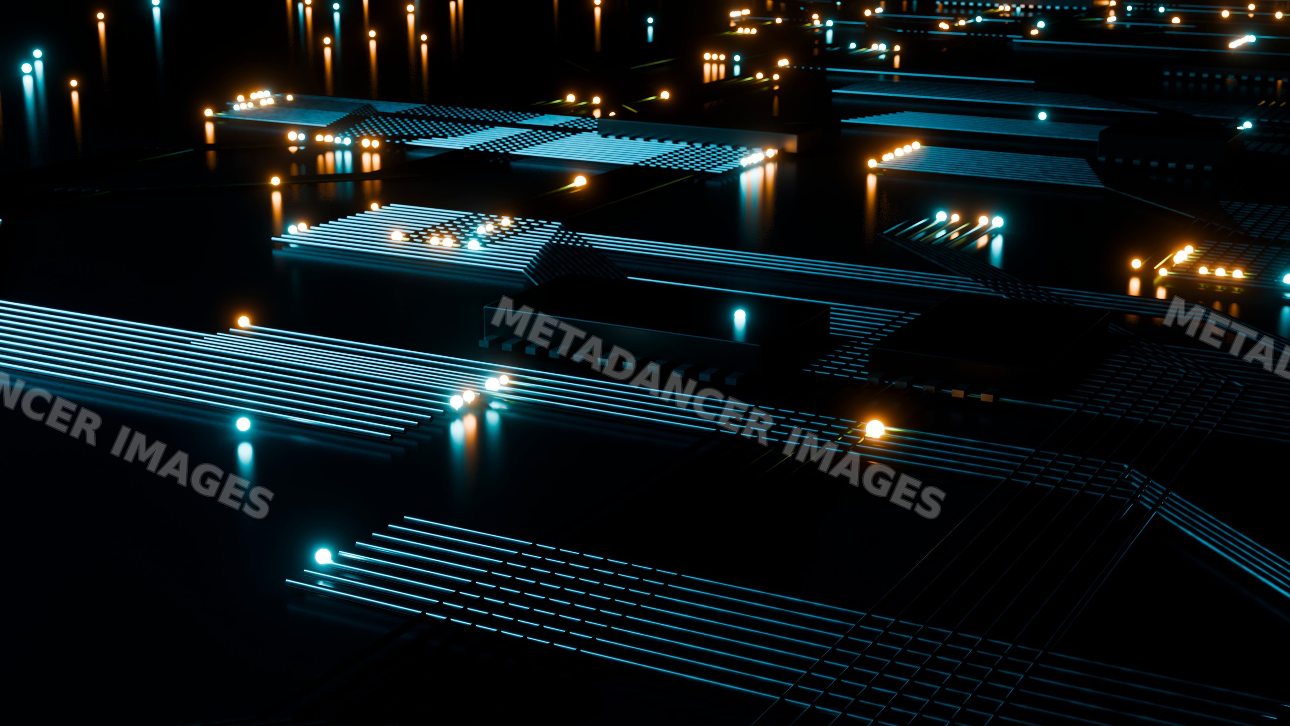 Computer circuit board with glowing digital lights illustrating