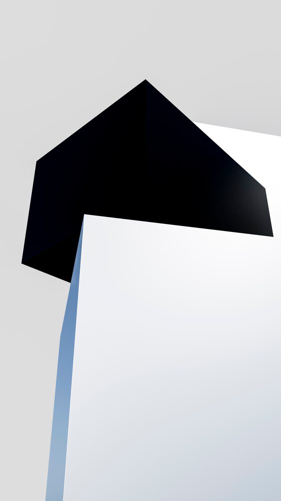 Abstract modern sculpture with black cube on white pedestal