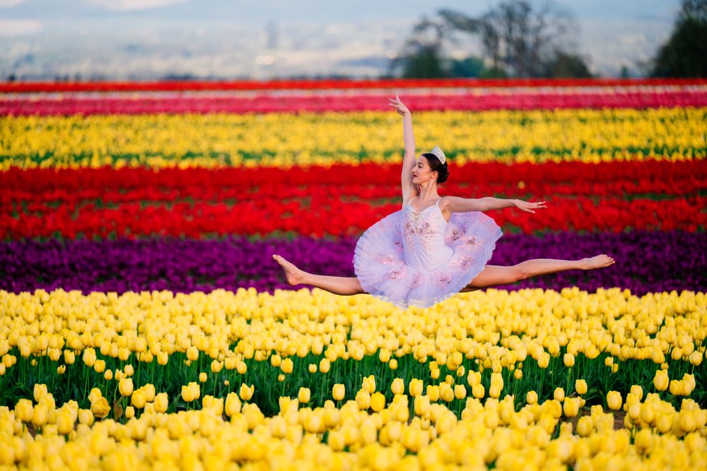 Ballet white dancer leaping over colorful tulip field outdoors