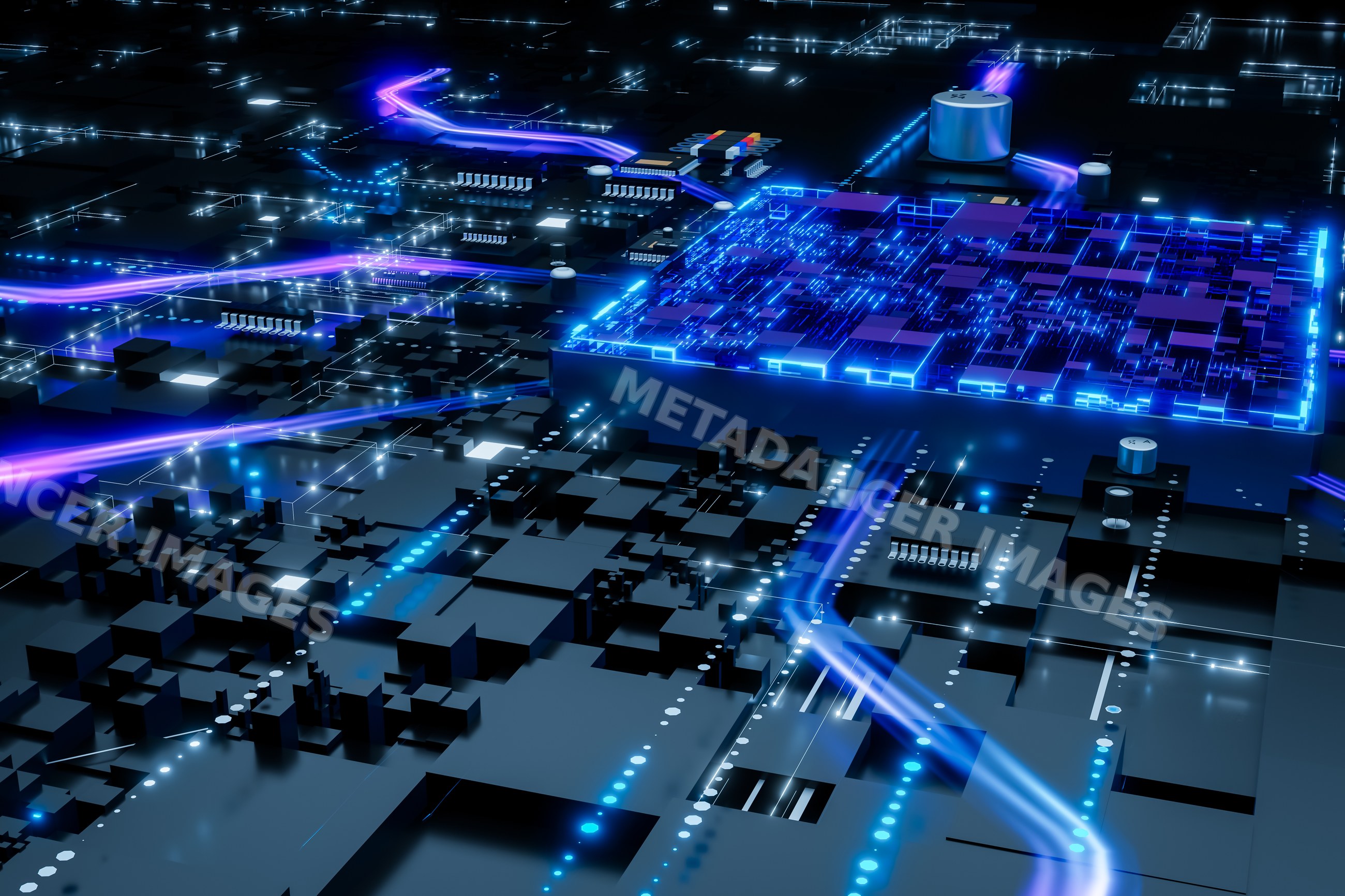 Abstract render of futuristic digital circuit with glowing blue data