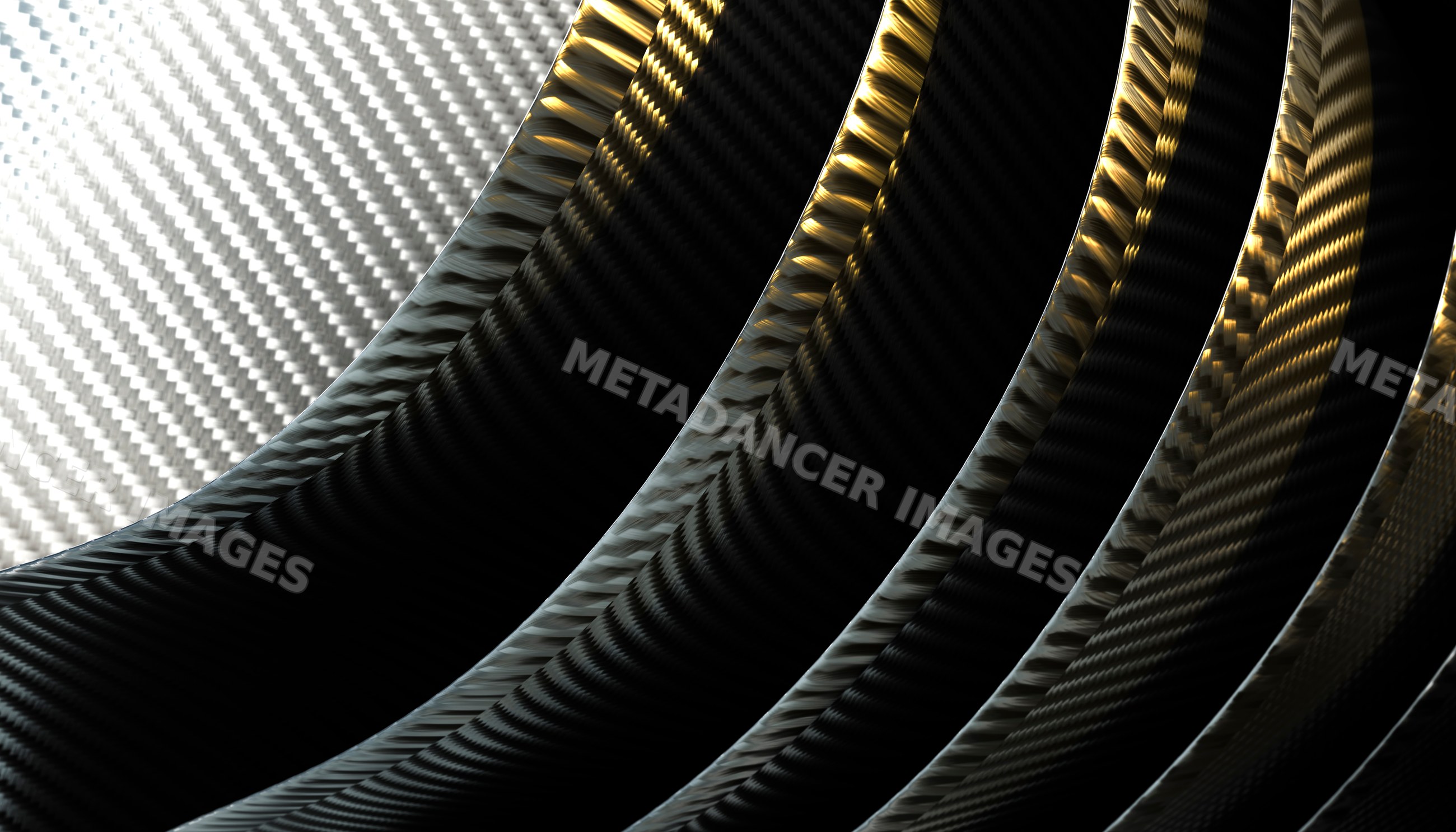 Curved carbon fiber rings with textured woven pattern and gold