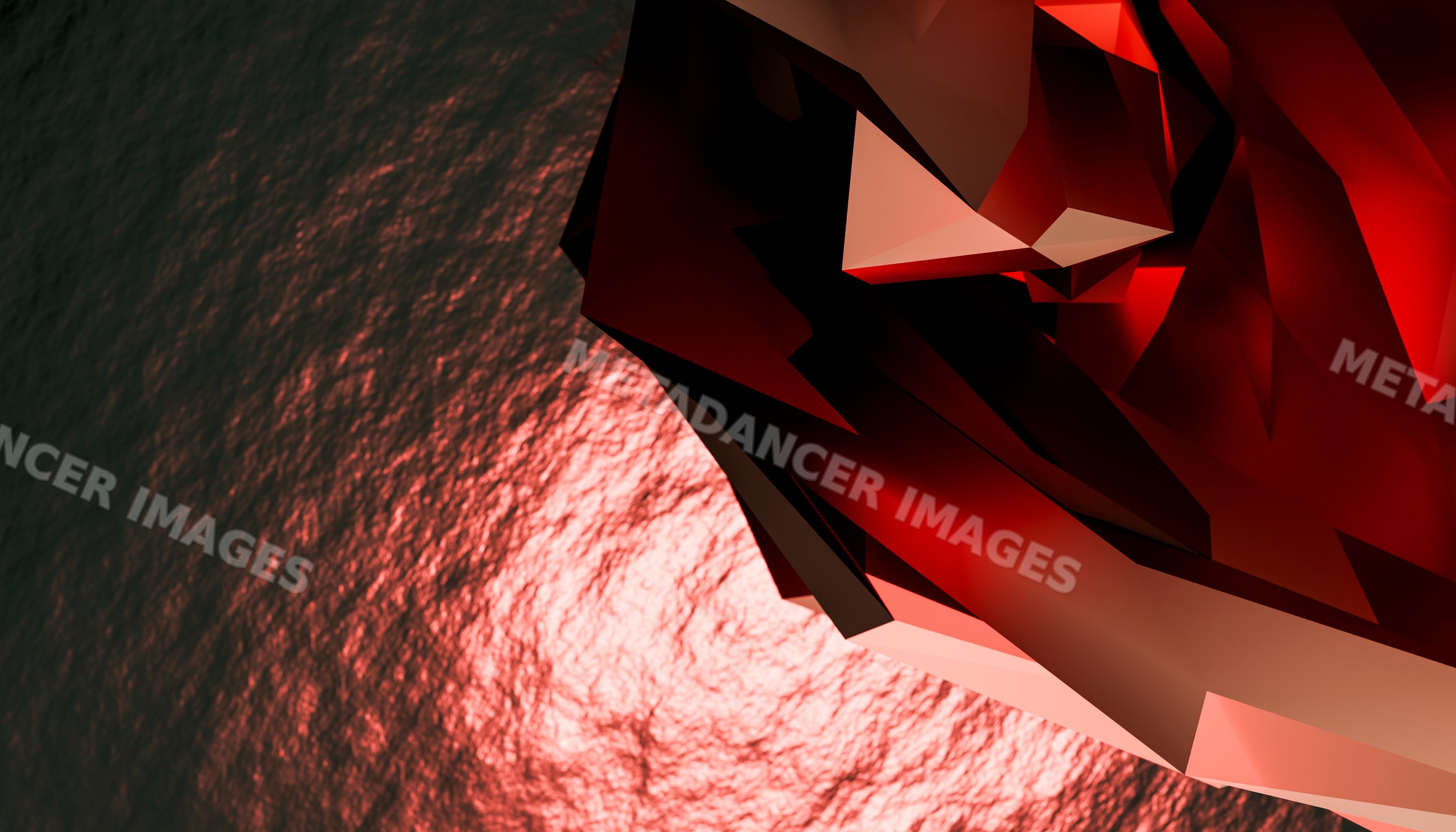 Abstract red polygonal 3d shape with angular facets and reflection