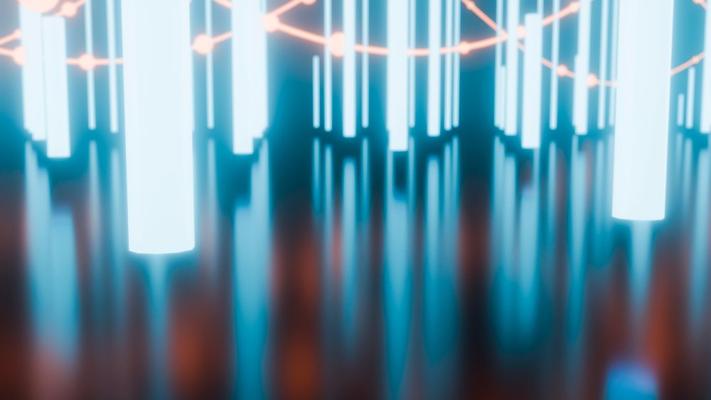 Glowing led light pillars with reflections in futuristic digital art