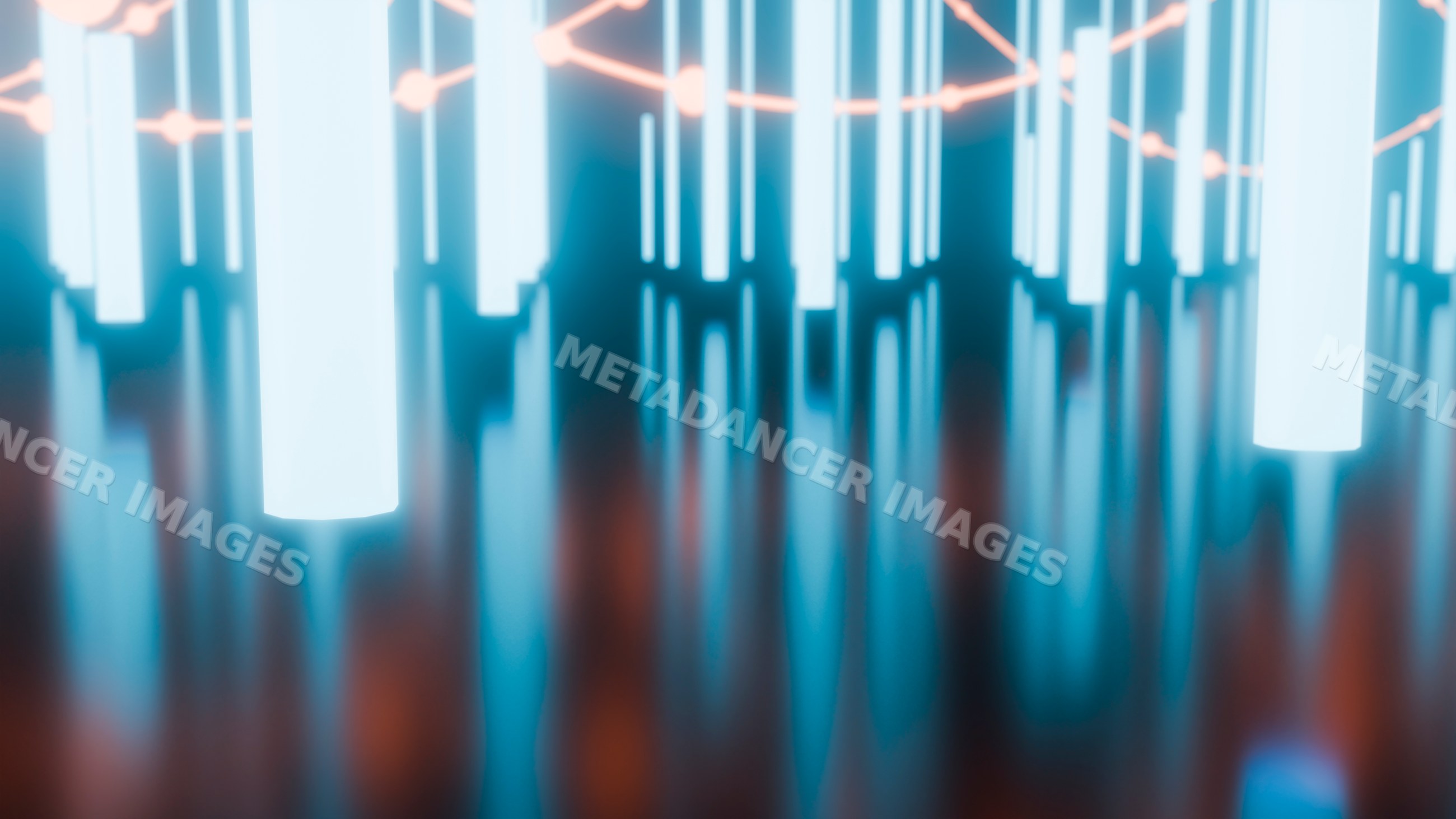 Glowing led light pillars with reflections in futuristic digital art