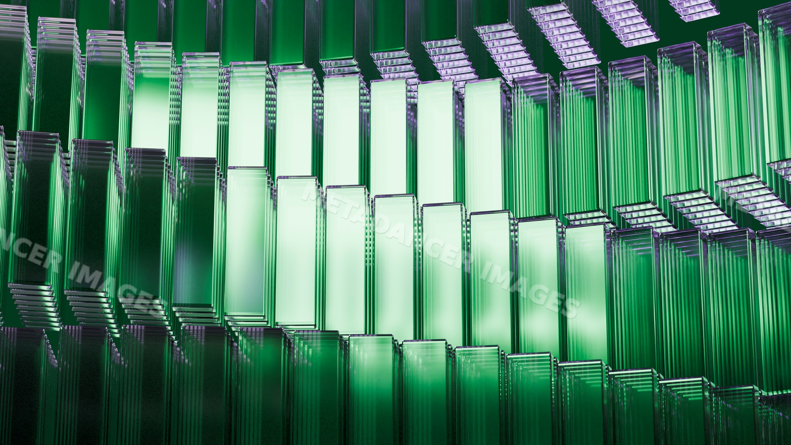 Stacked green transparent glass panels in abstract geometric pattern