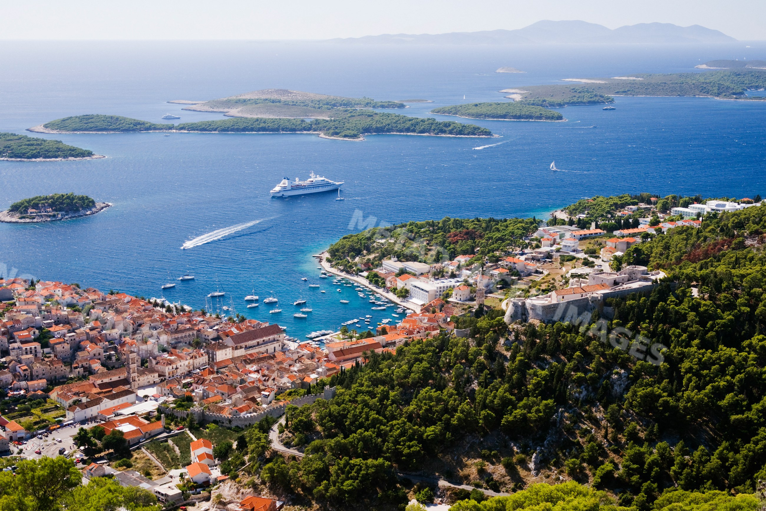 Aerial view of hvar island harbor with cruise ship