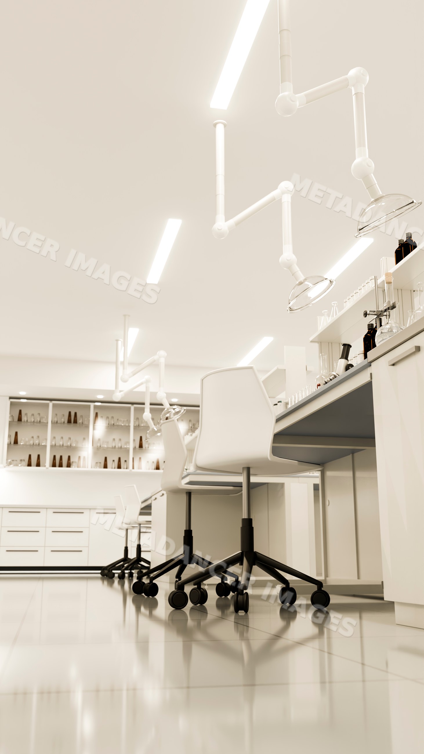 Laboratory workspace with white rolling chairs and scientific