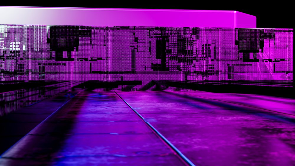 Transparent cube with digital circuit pattern illuminated