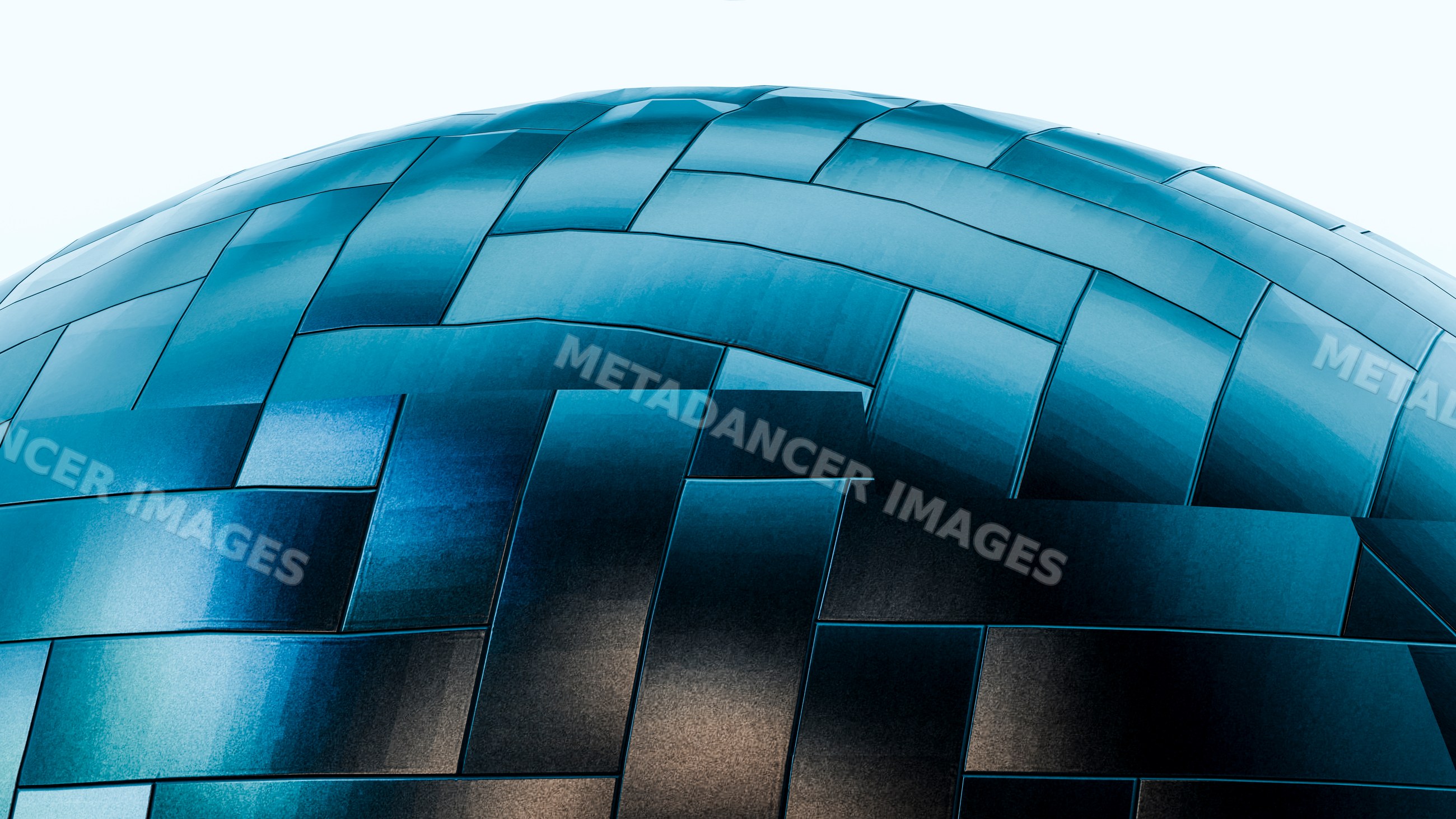 Curved metal architecture with blue reflective panels on modern