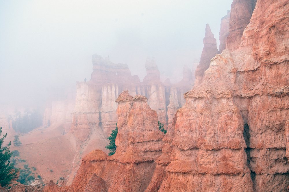 Foggy red rock formations and spires at Bryce Canyon National Park