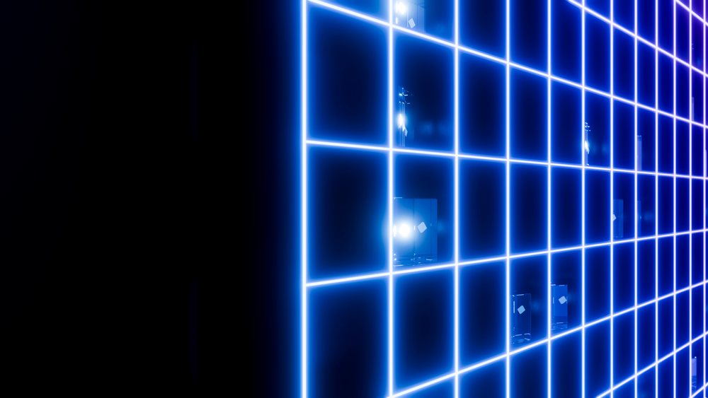 Blue glowing grid of neon lines on dark background