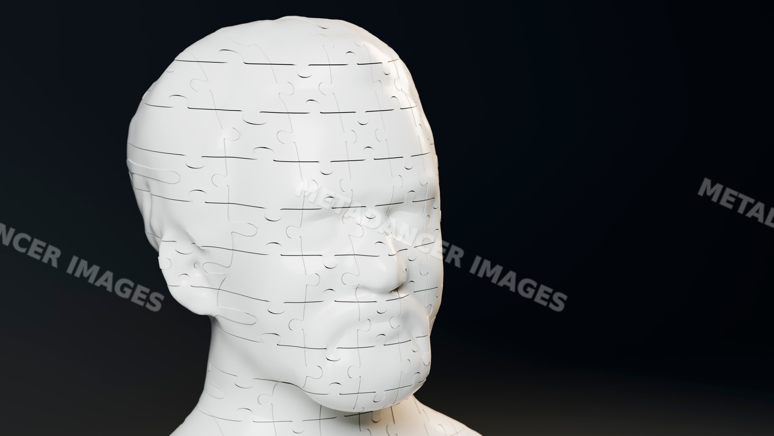 White puzzle human head sculpture on black background