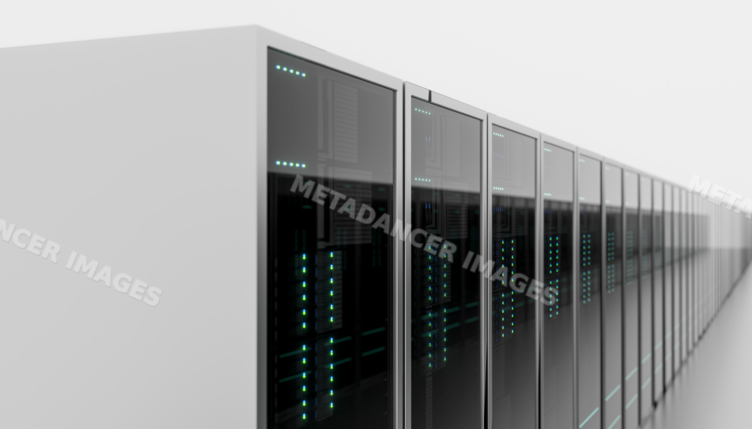 A row of server racks with illuminated lights in a data center