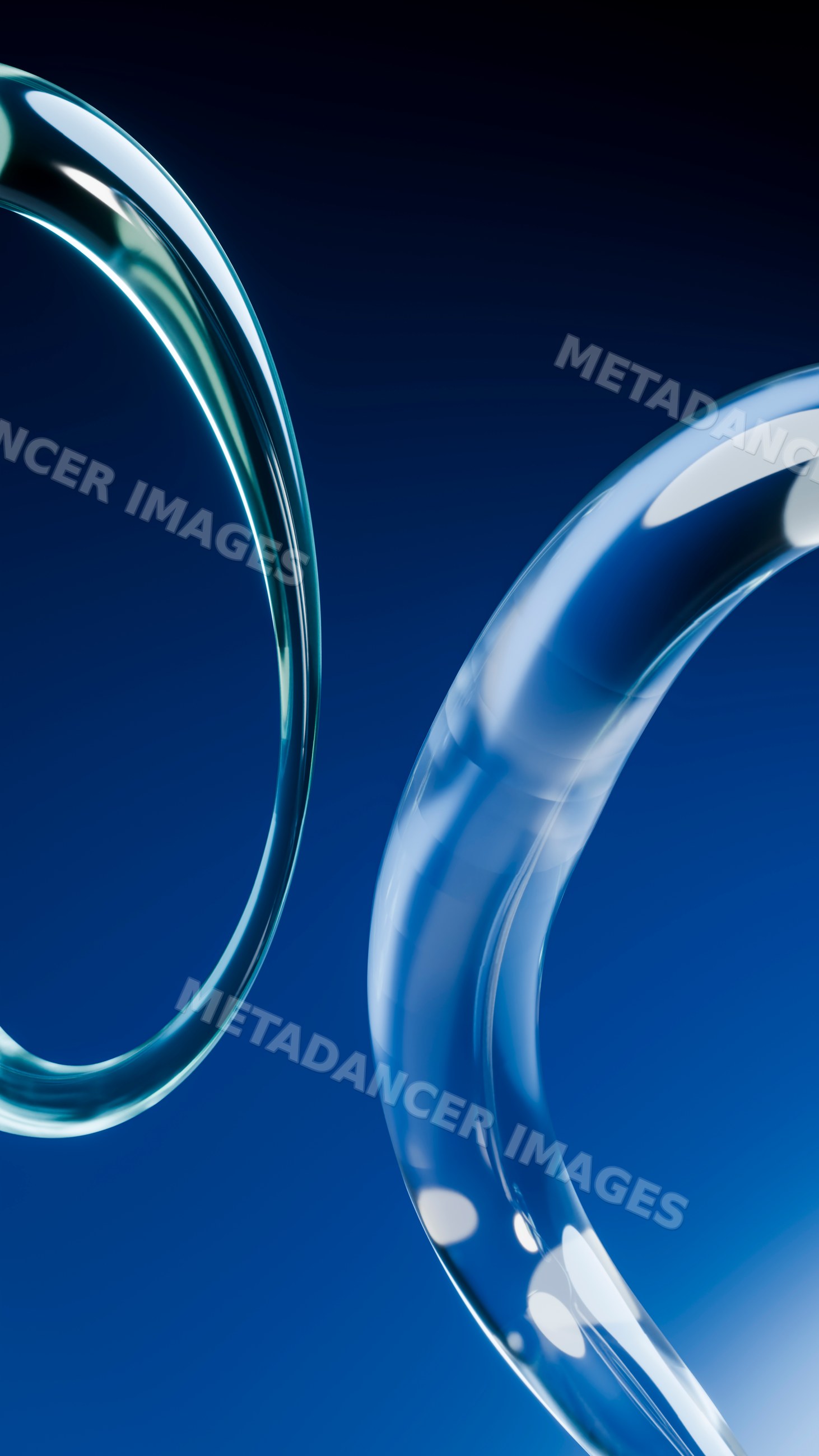Abstract curved transparent glass shapes on blue background