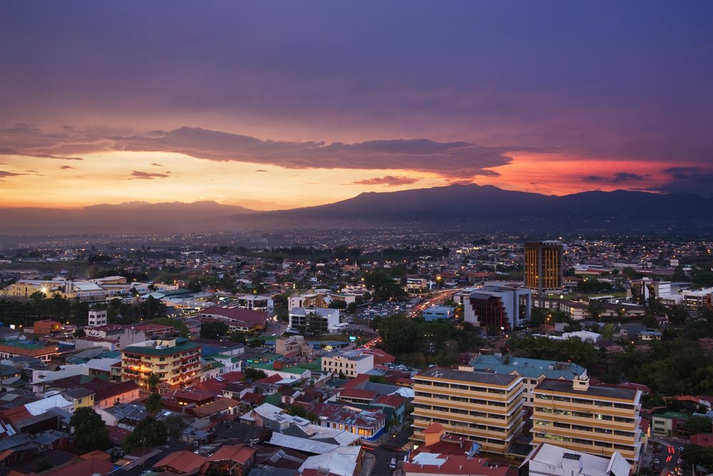 Sunset cityscape view over san jose, costa rica with mountains