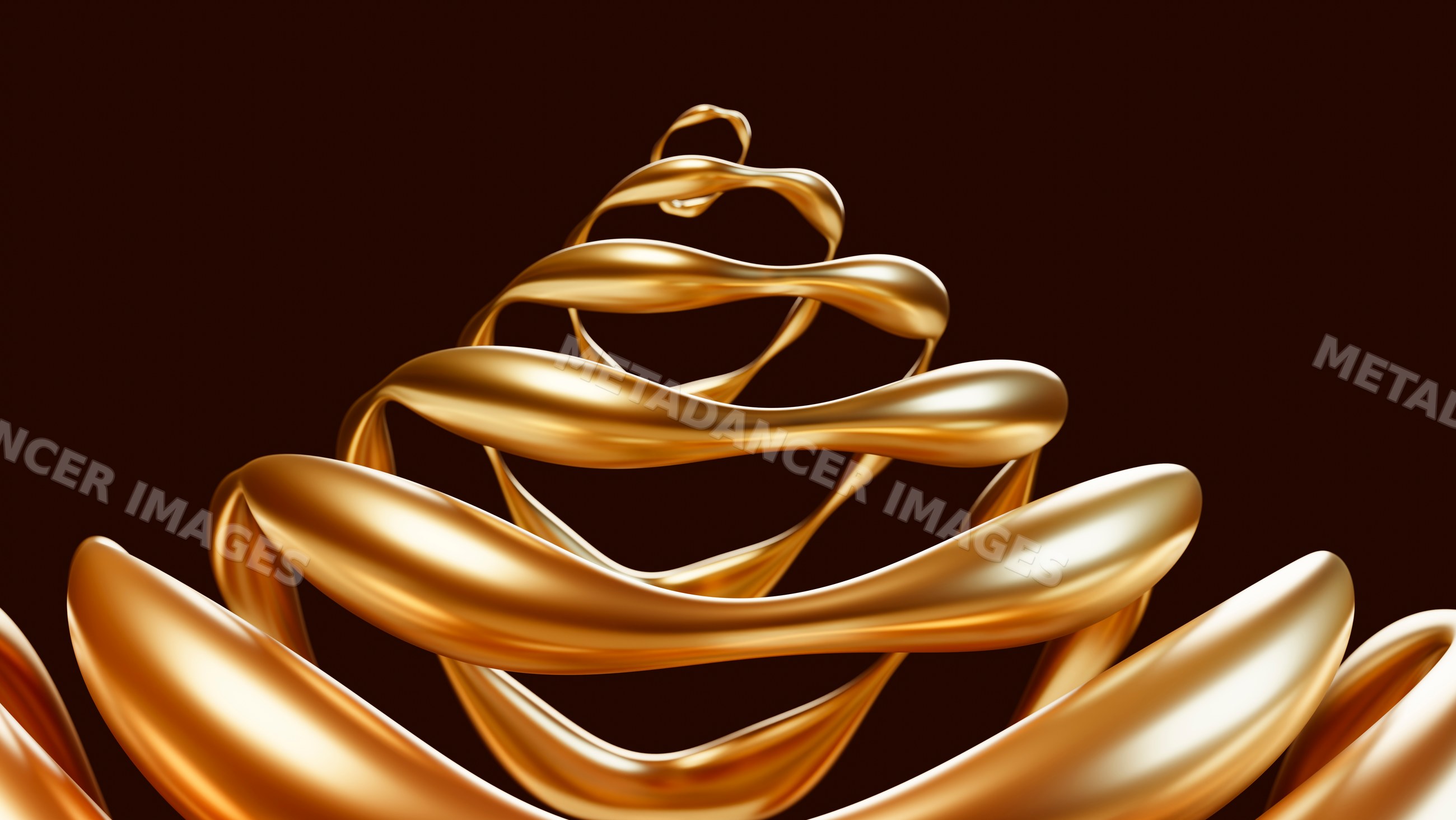 Golden metallic spiral ribbon abstract shape