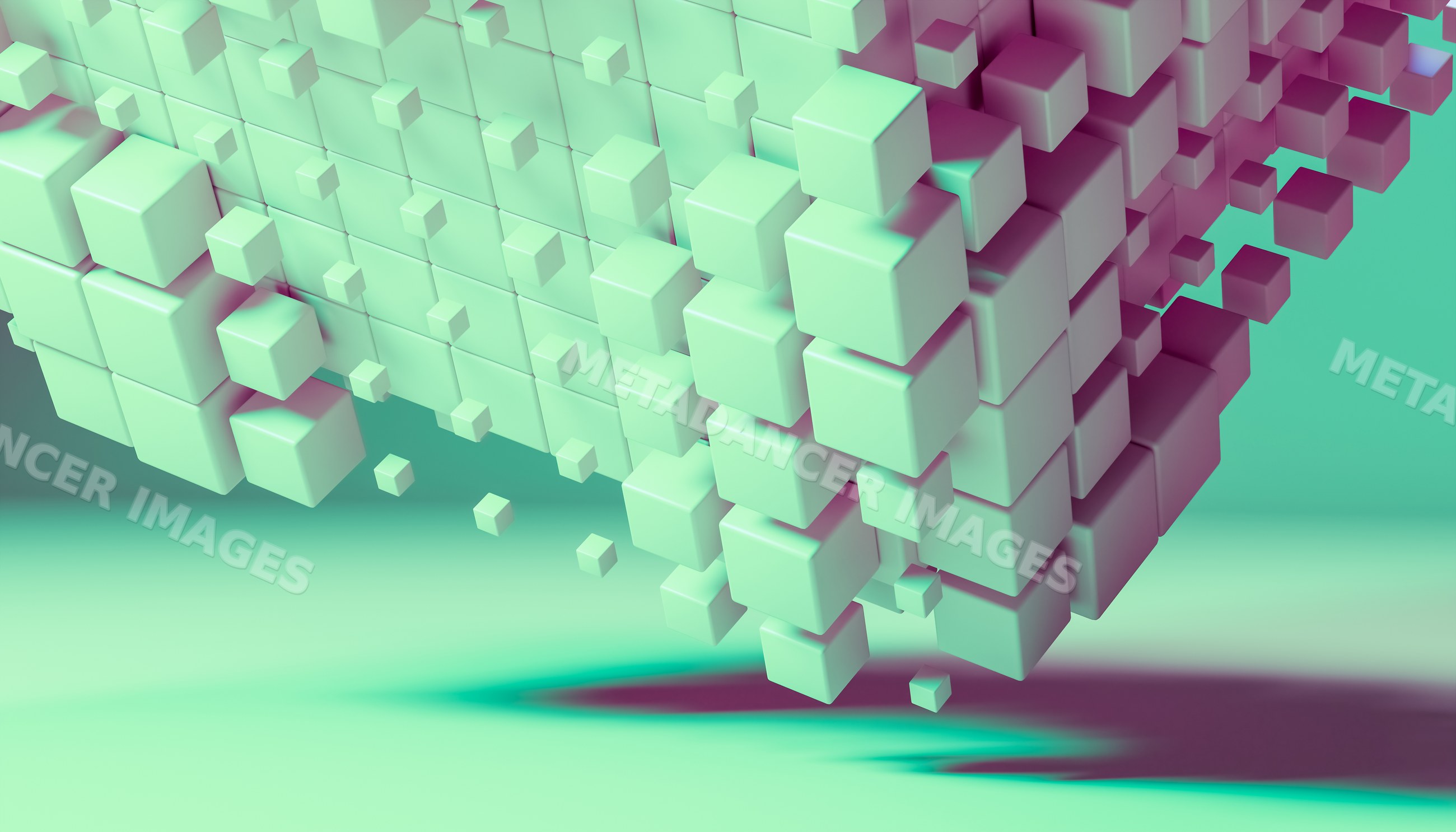 Floating clusters of green 3d cubes forming abstract geometric art