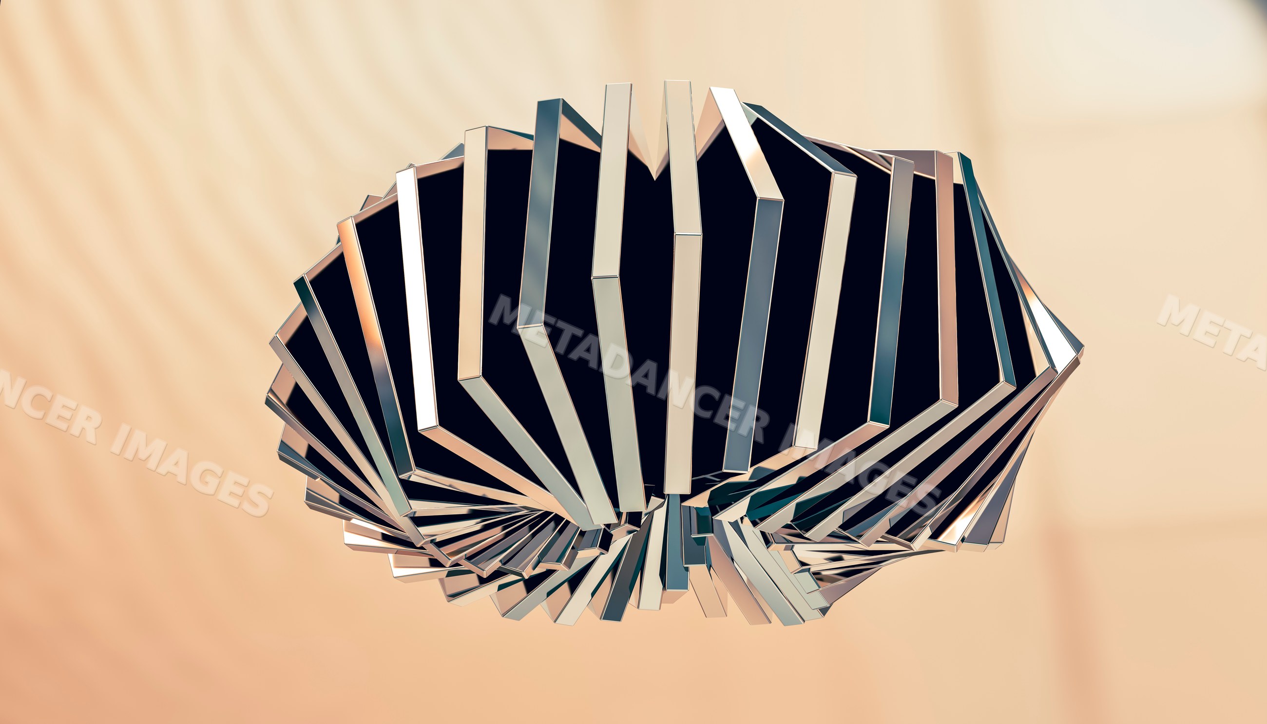 A shiny metal abstract sculpture with geometric shapes in a studio