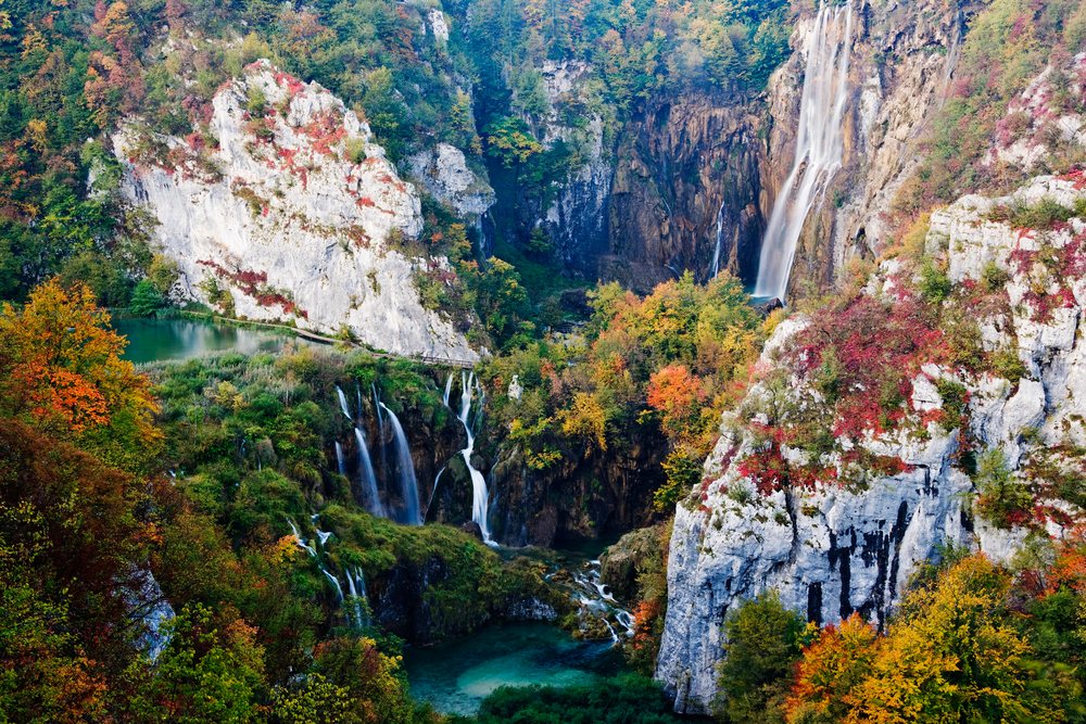 Waterfalls cascading through autumn forest, croatia