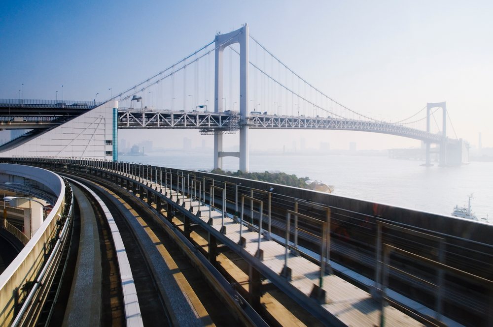 Rainbow bridge and yurikamome monorail crossing tokyo bay japan