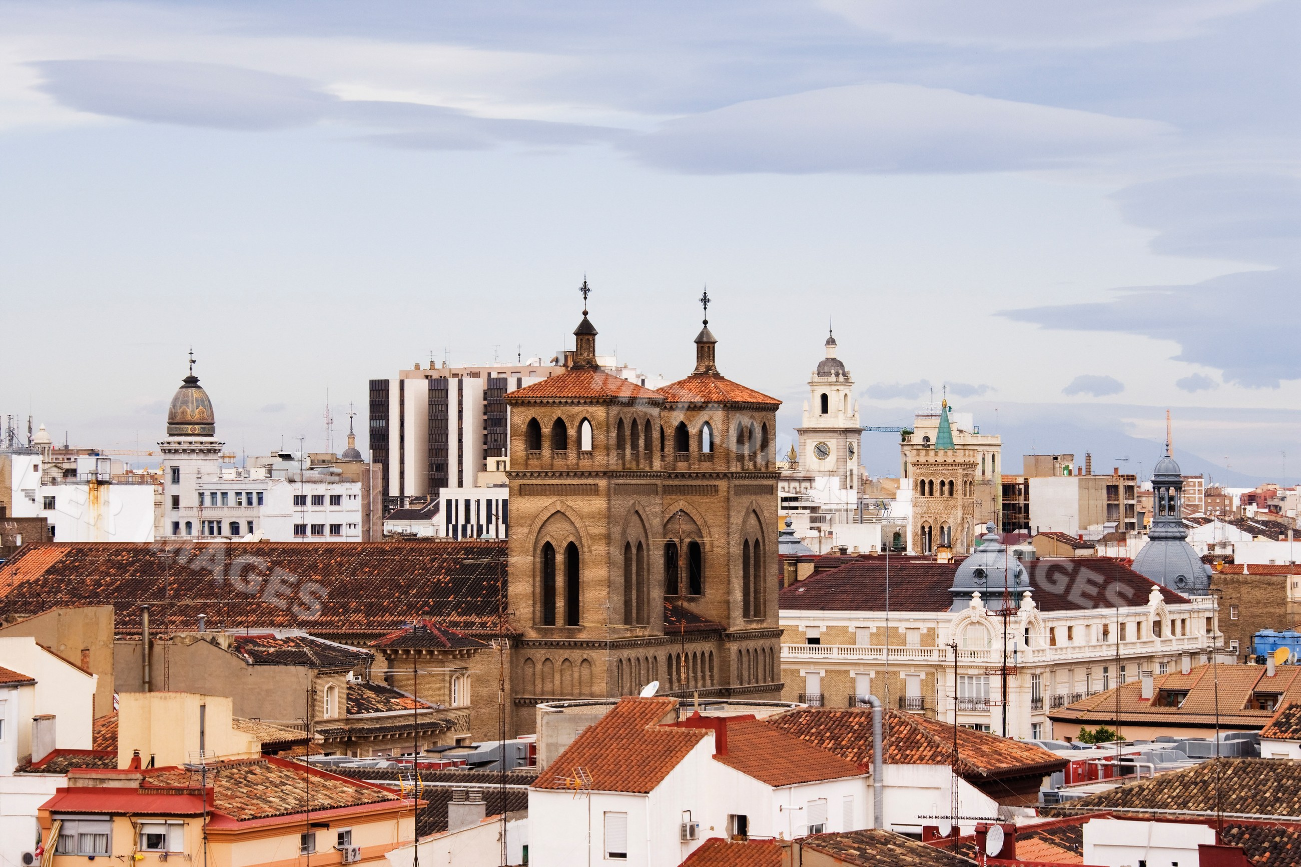 Cityscape of zaragoza, Spain with historic rooftops and towers
