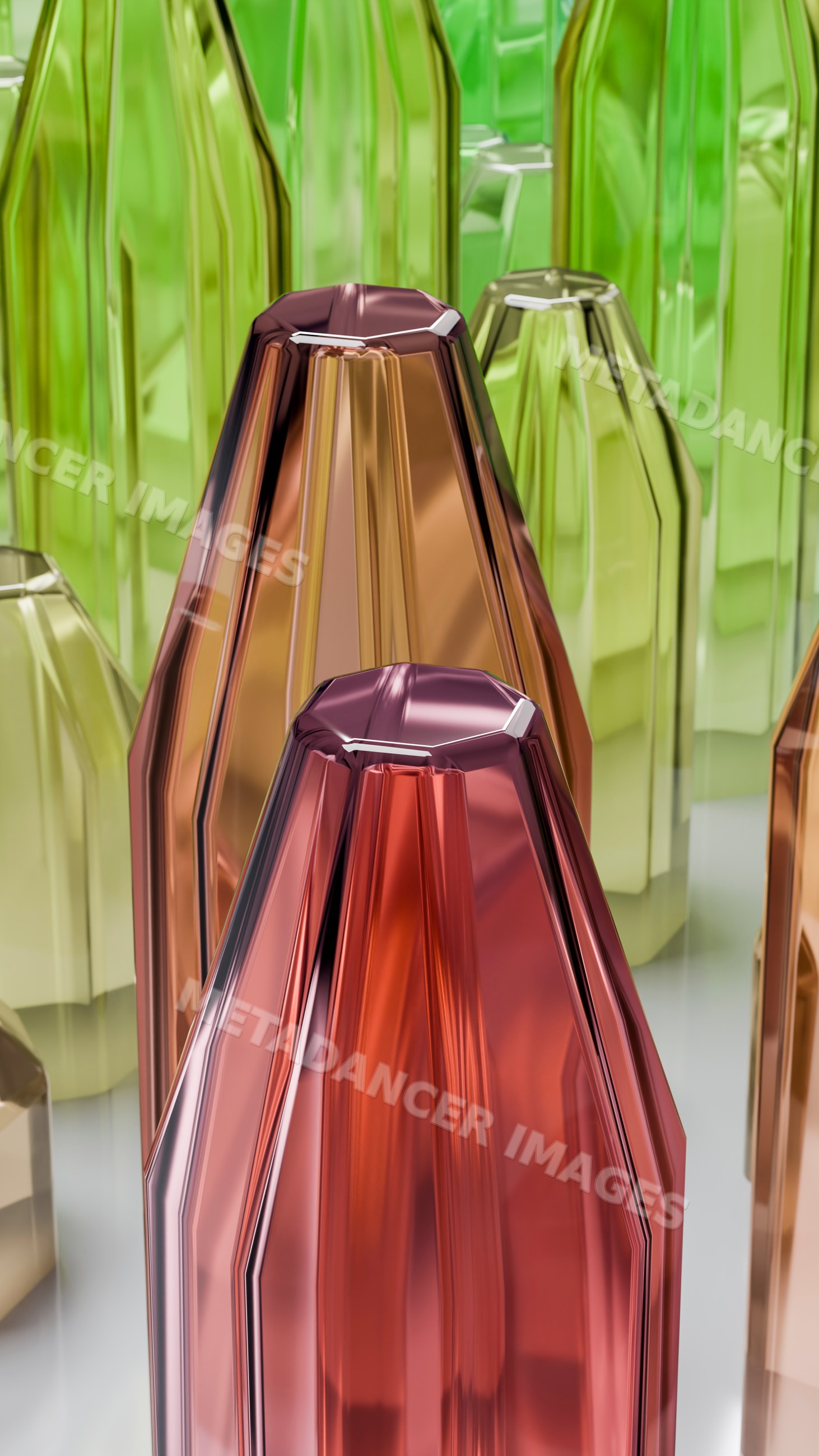 Colored glass bottles arranged in artistic composition