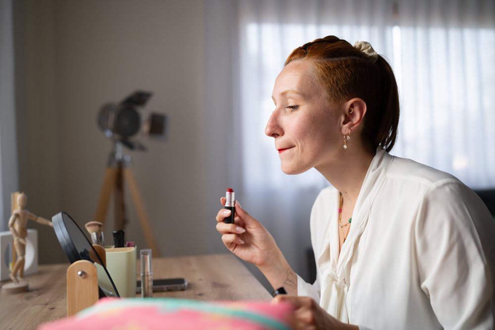 A white woman applying red lipstick