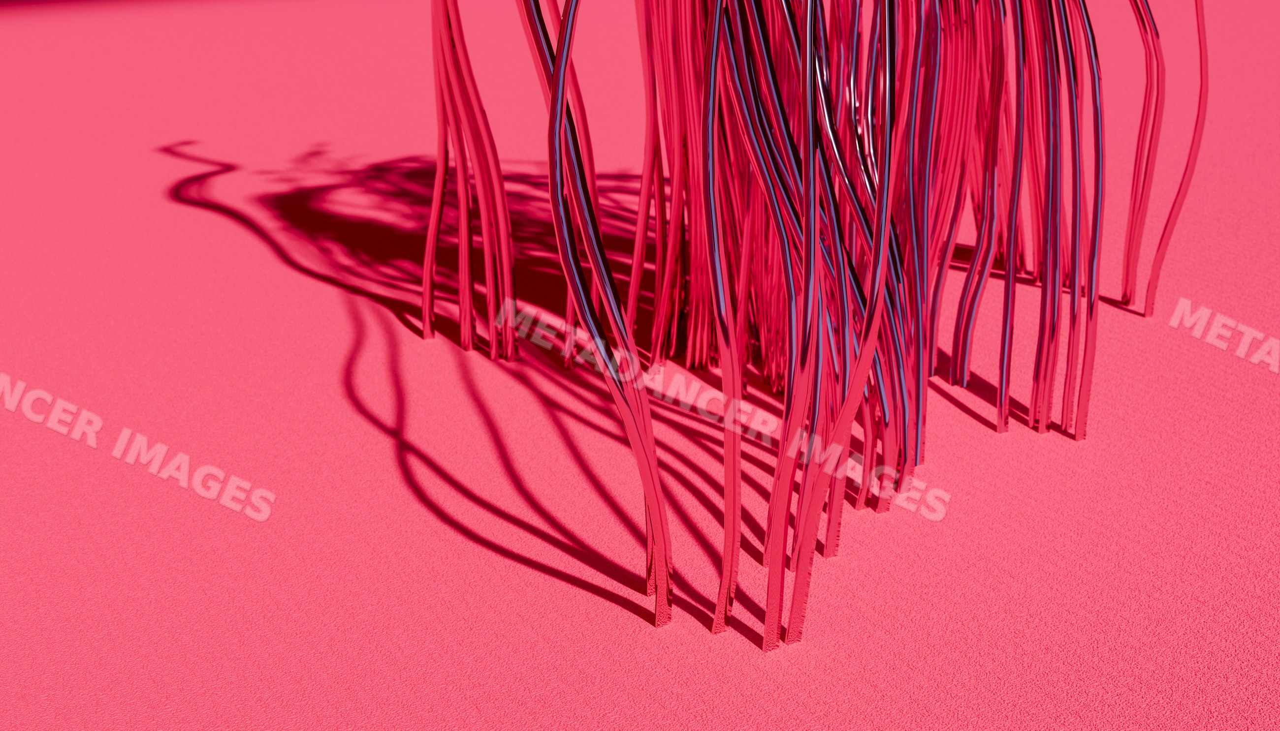 Abstract reflective metal sculpture casting shadows on a pink