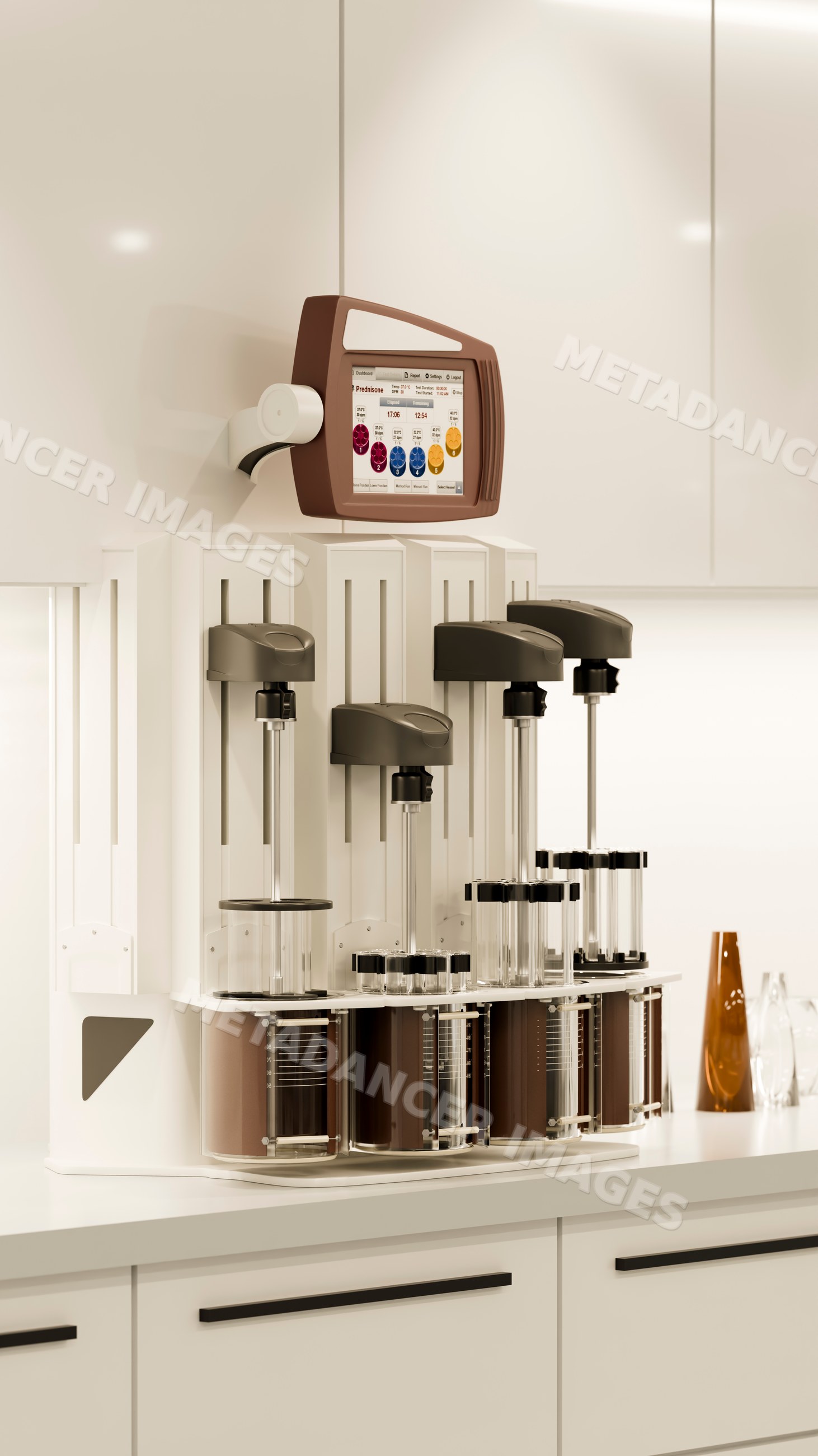 Chemical analyzer with automatic dispensers on laboratory counter