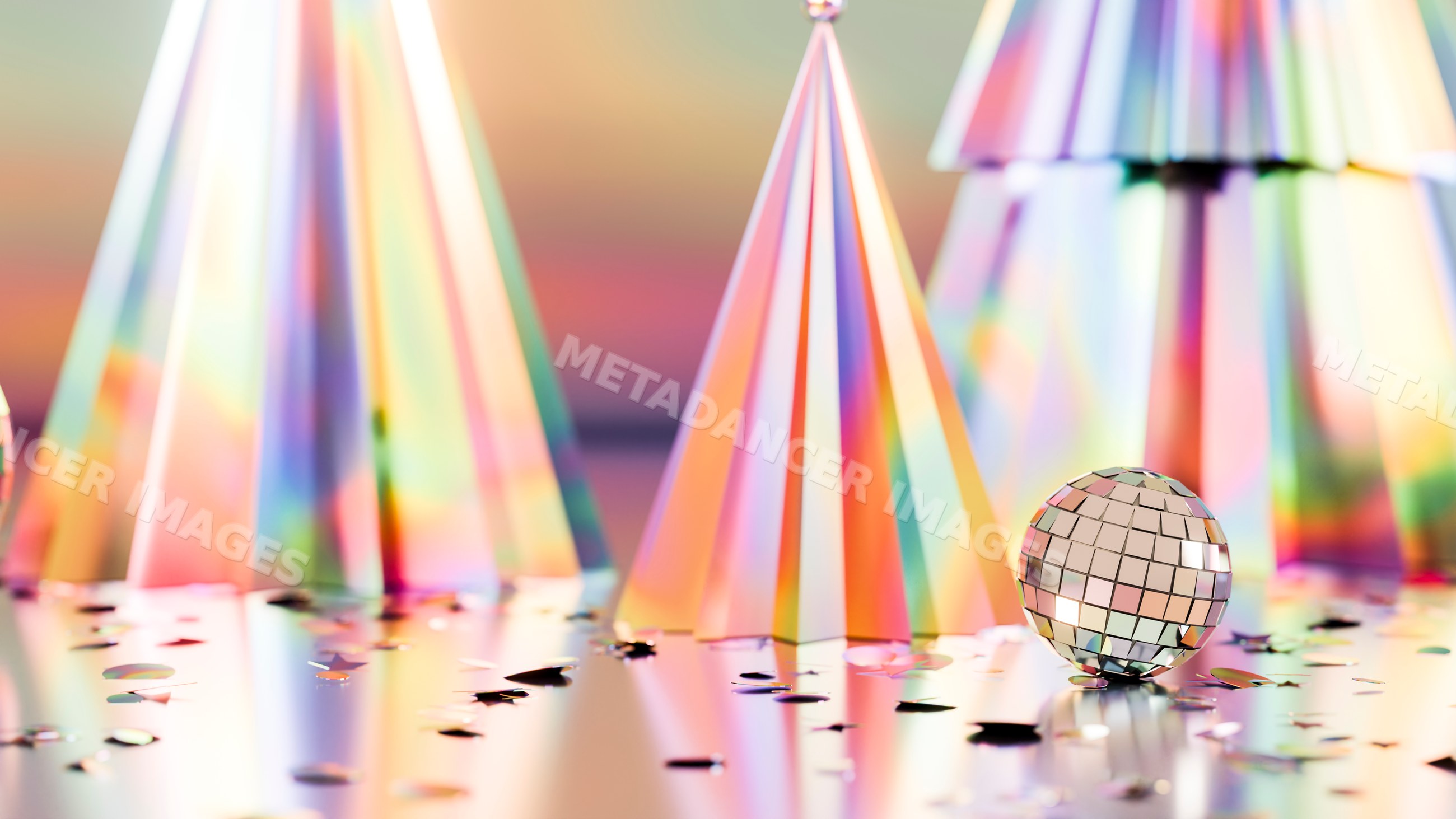 Disco ball with colorful iridescent party hats and confetti