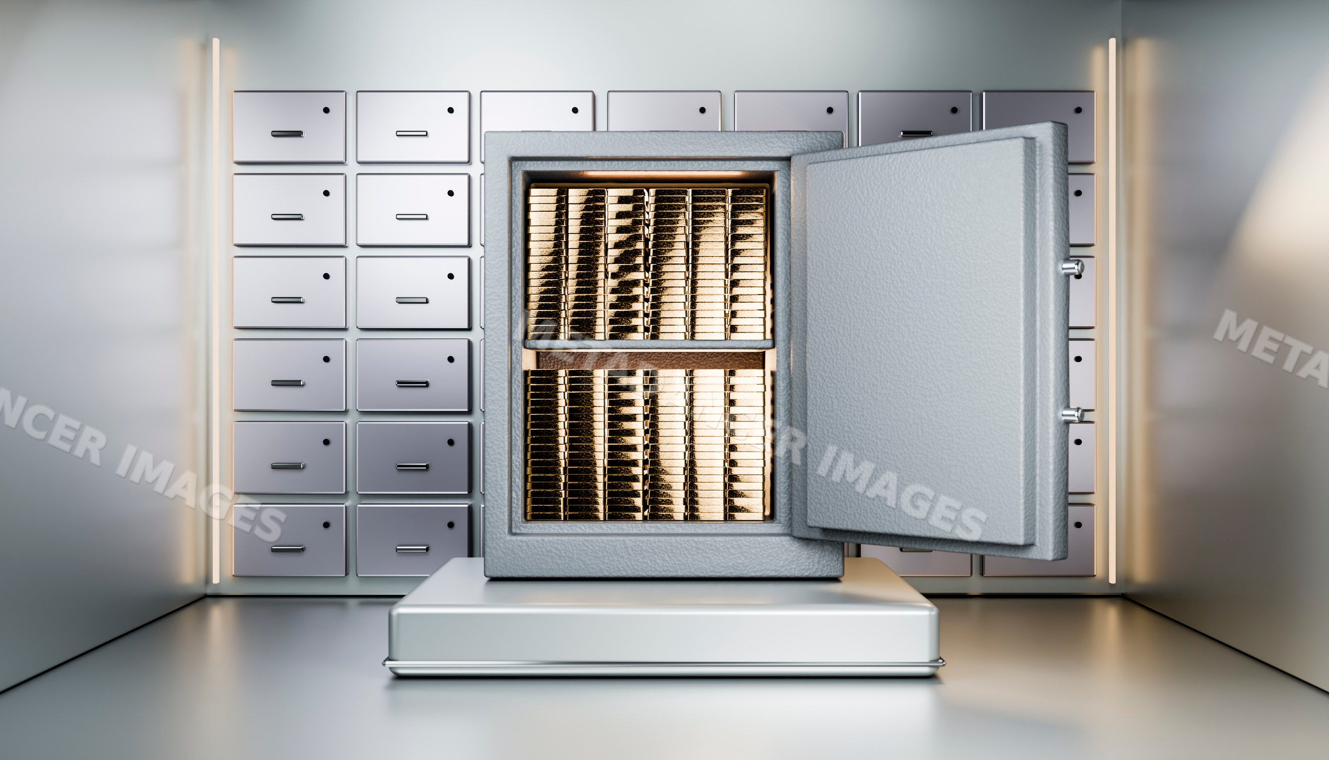 Gold bars stored inside open metal safe in vault room
