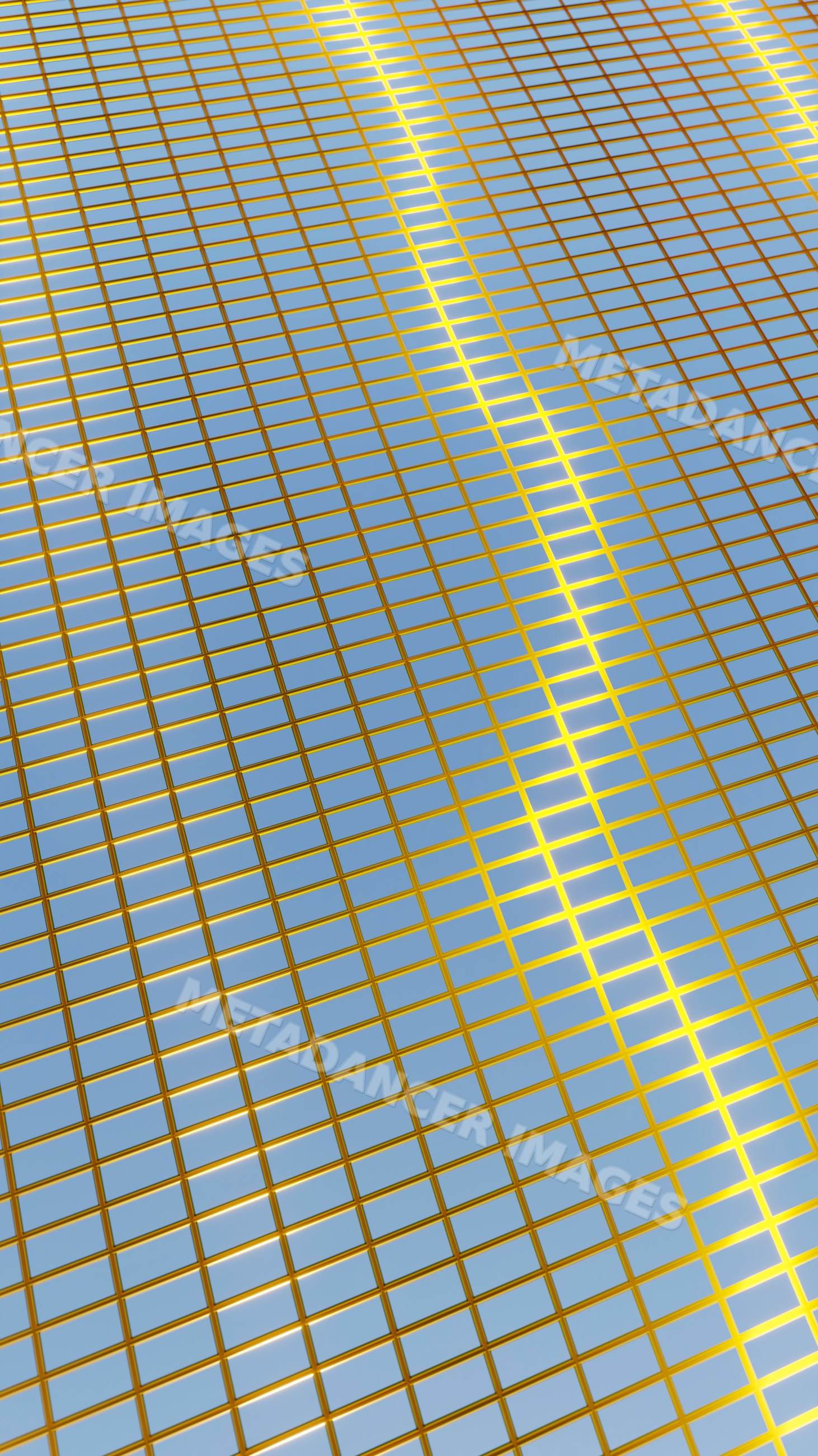 Gold and blue reflective grid pattern with shiny rectangular tiles