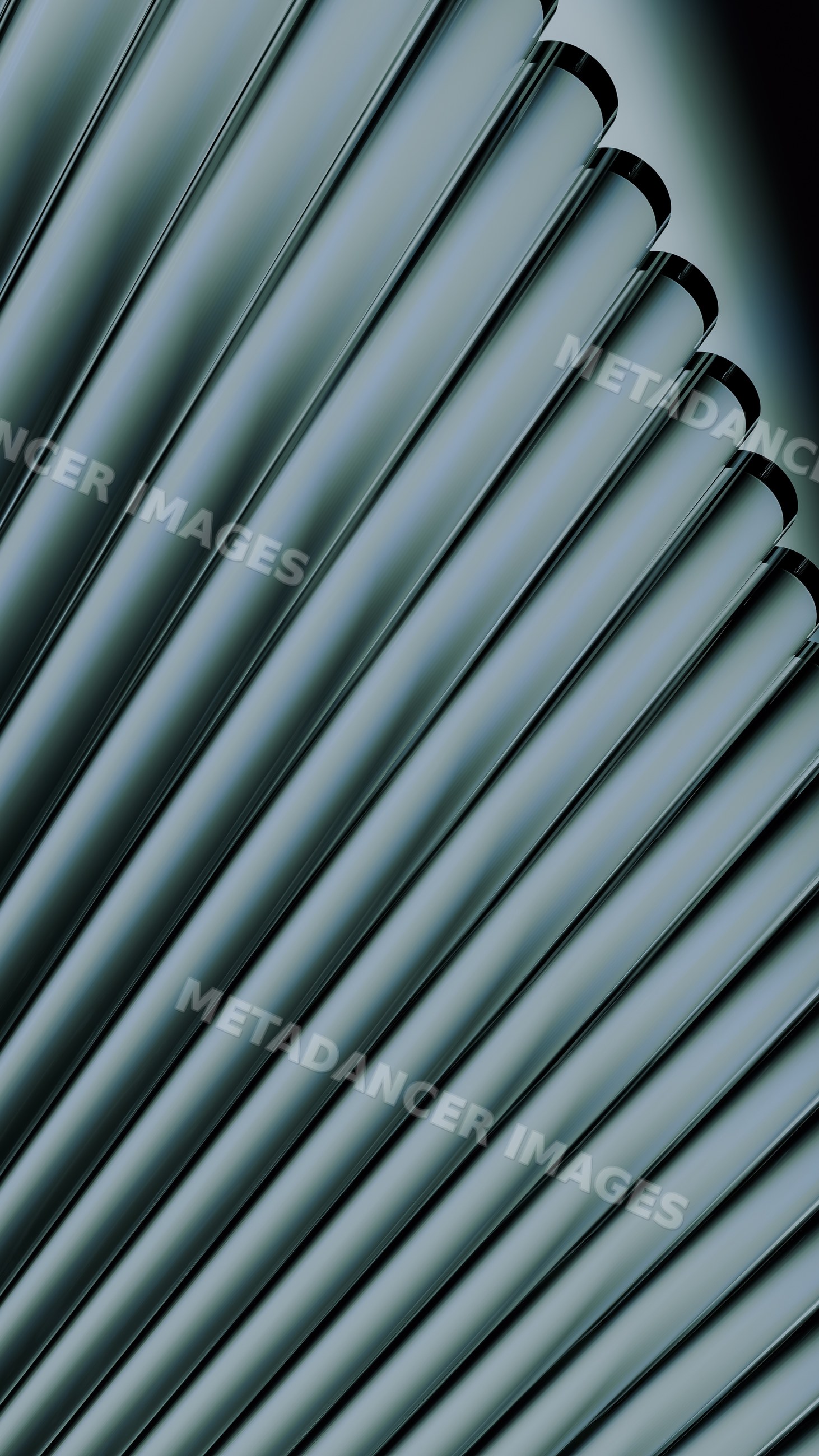 Abstract rendering of reflective metallic tubes arranged in a pattern