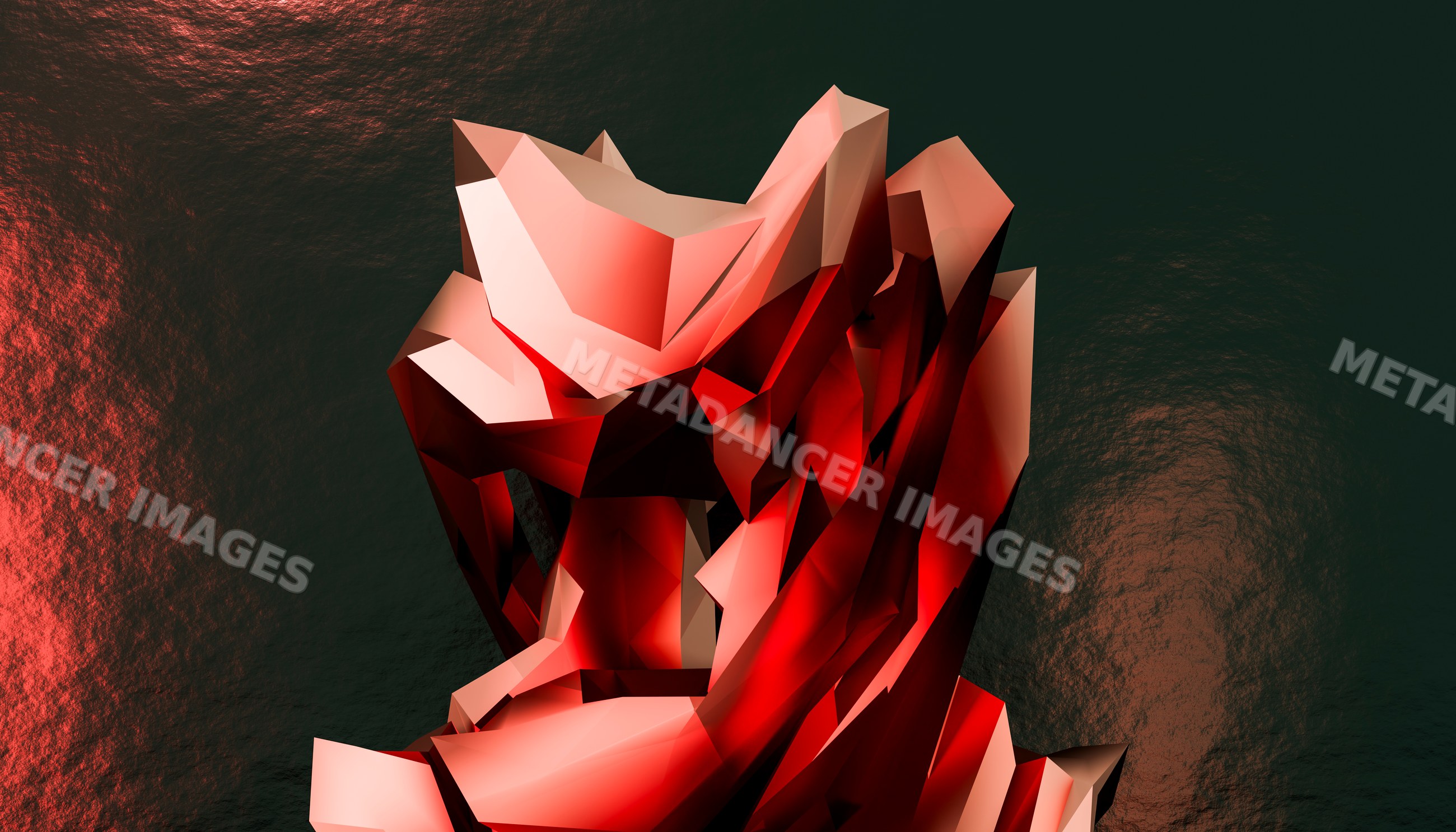 Red geometric faceted crystal with shiny reflective surfaces