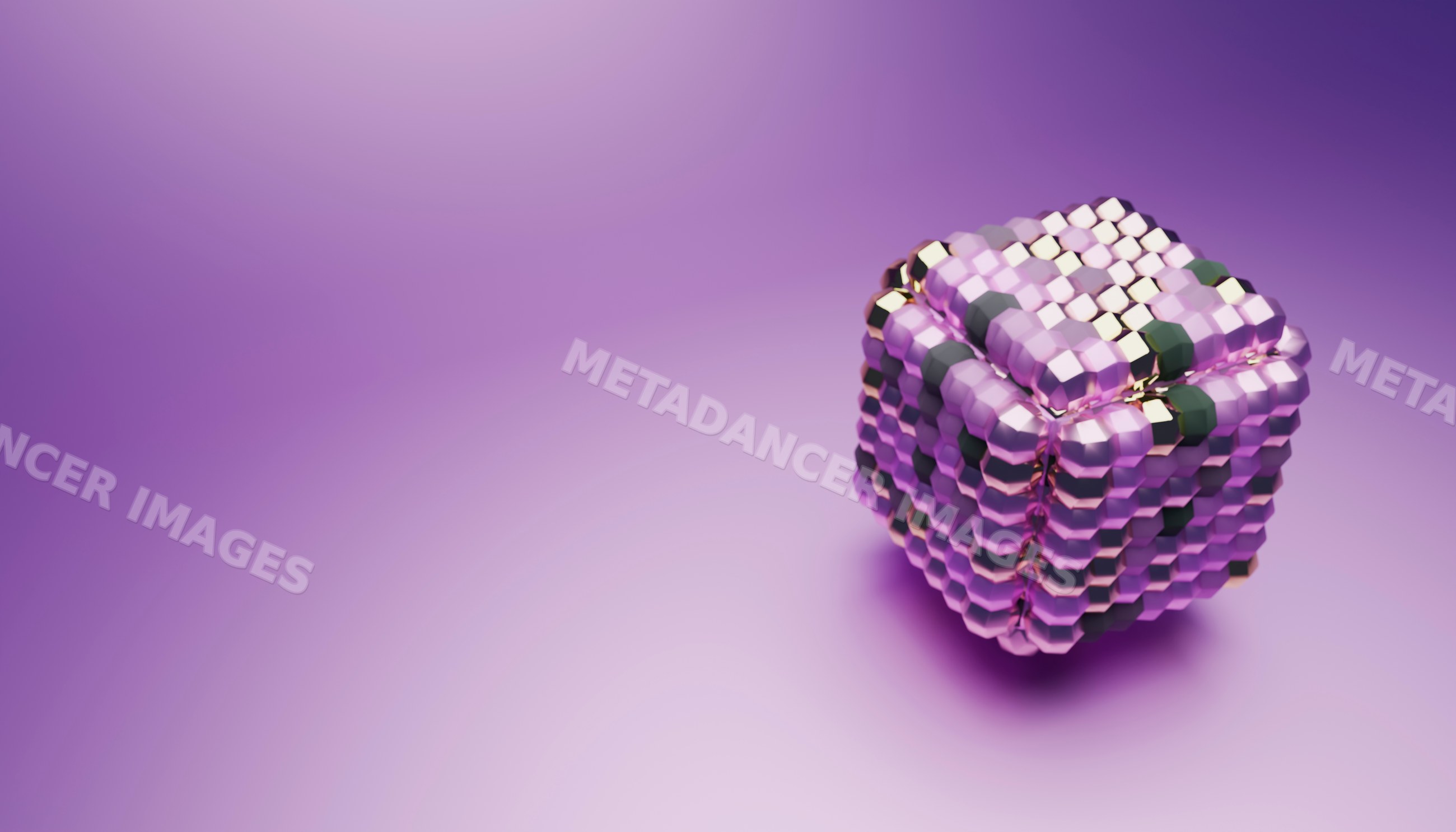 3d rendered abstract purple and metallic cube with geometric design