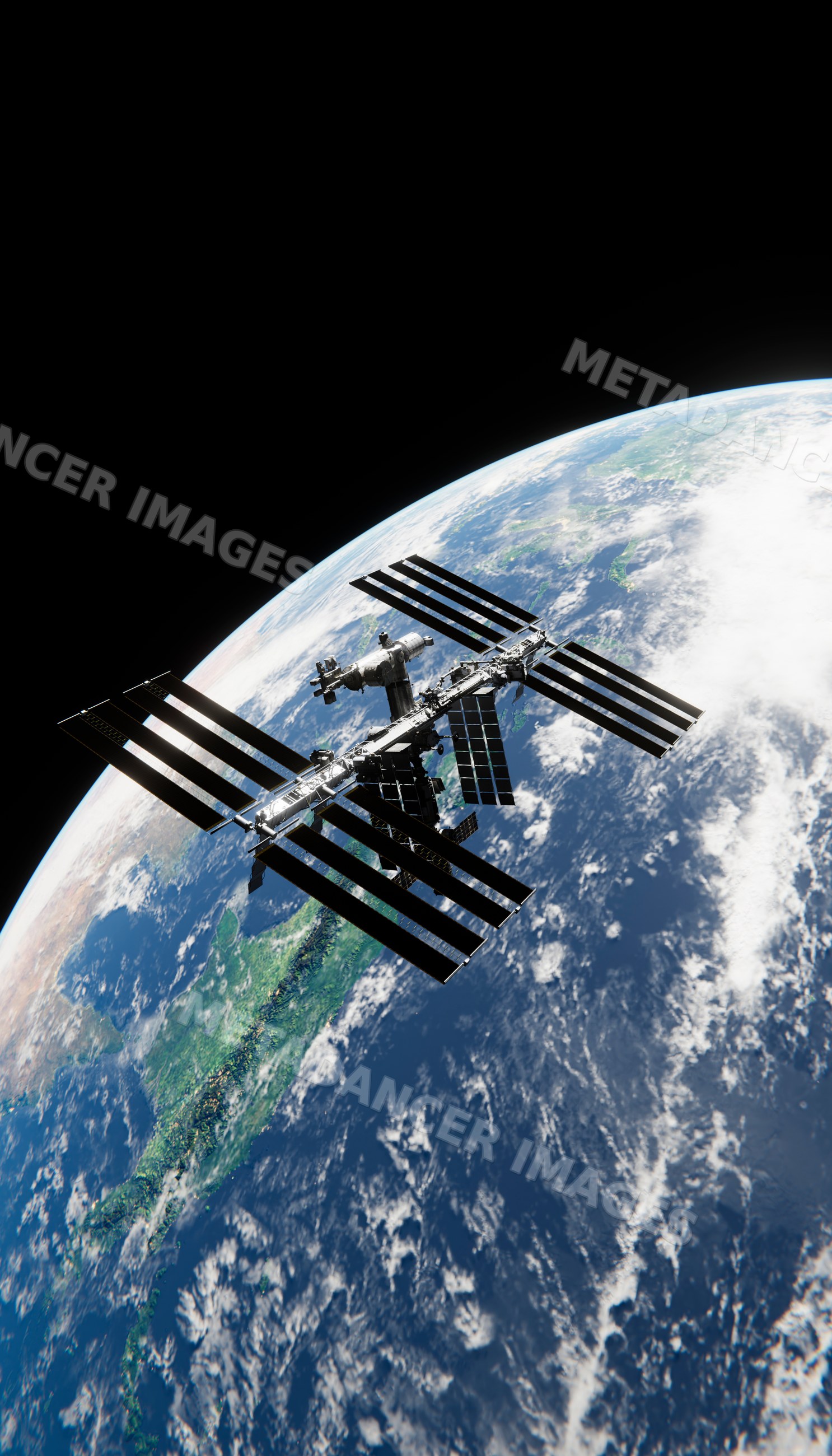 A human-made orbital station orbiting earth with clear solar panels