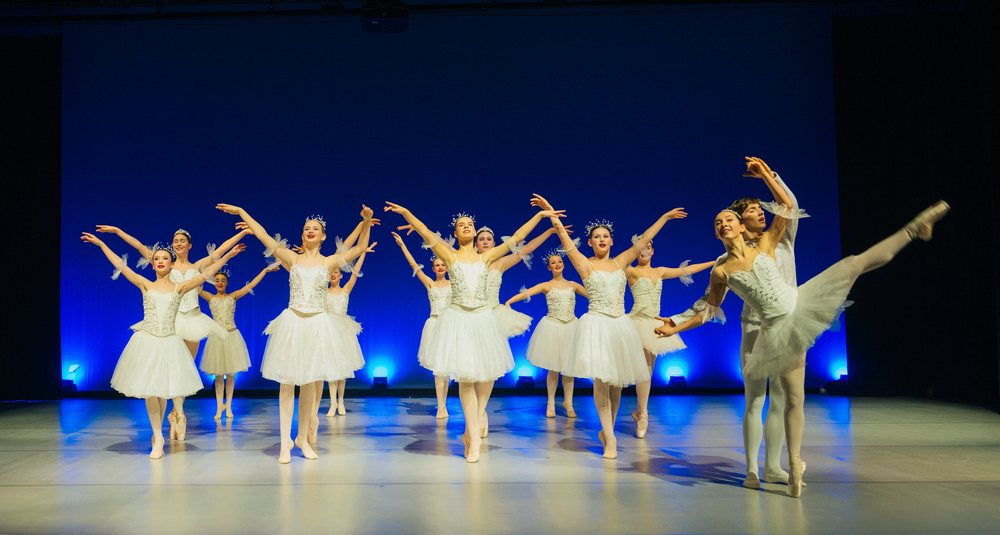 Ballet dancers perform a scene from a classical holiday ballet
