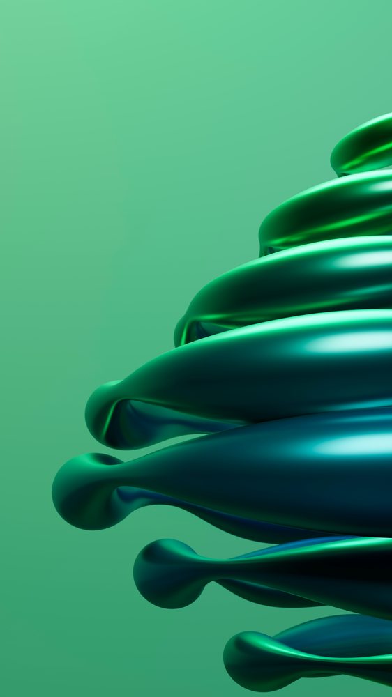 Abstract 3d spiral shapes with green and blue metallic surfaces