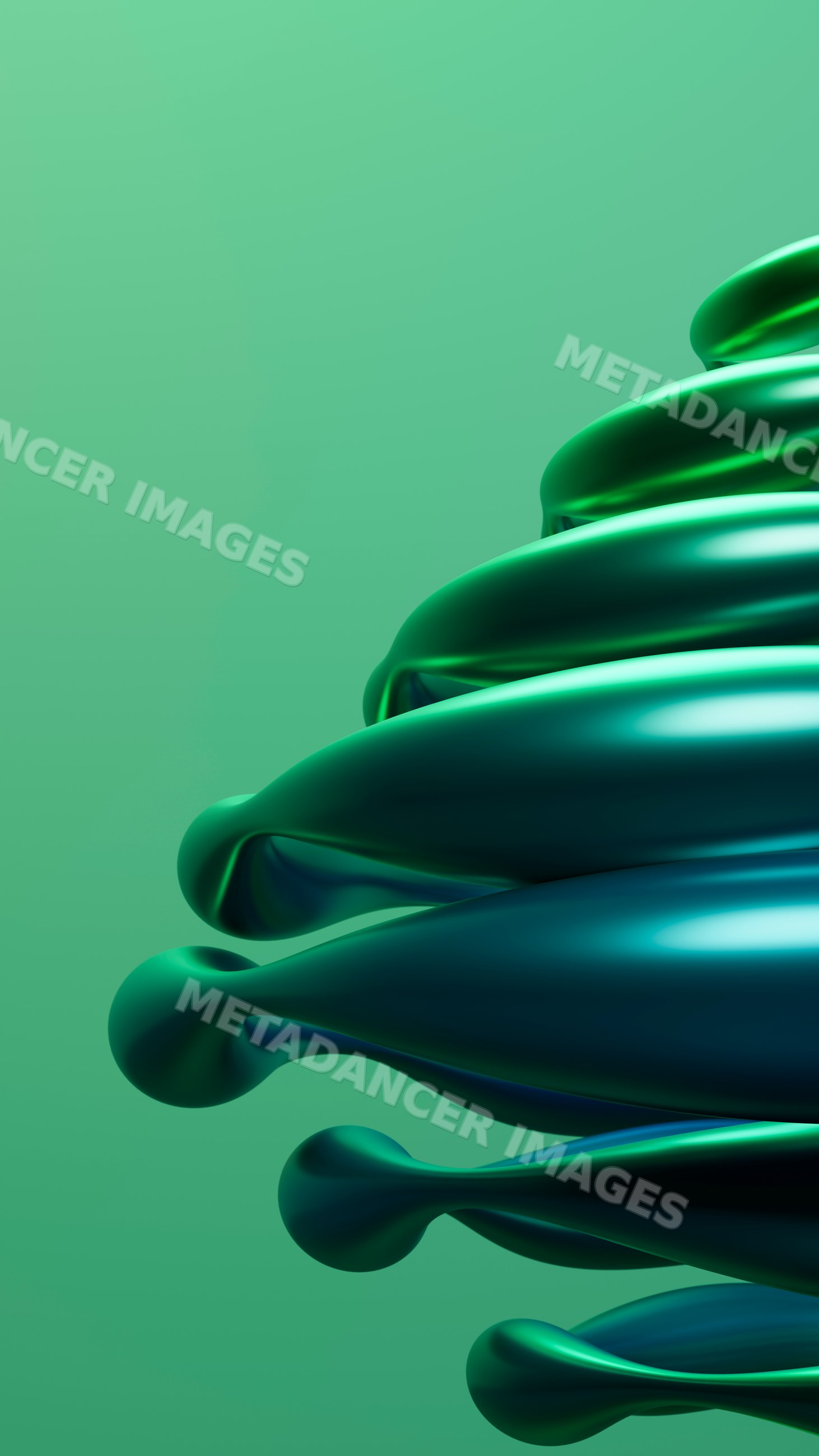 Abstract 3d spiral shapes with green and blue metallic surfaces