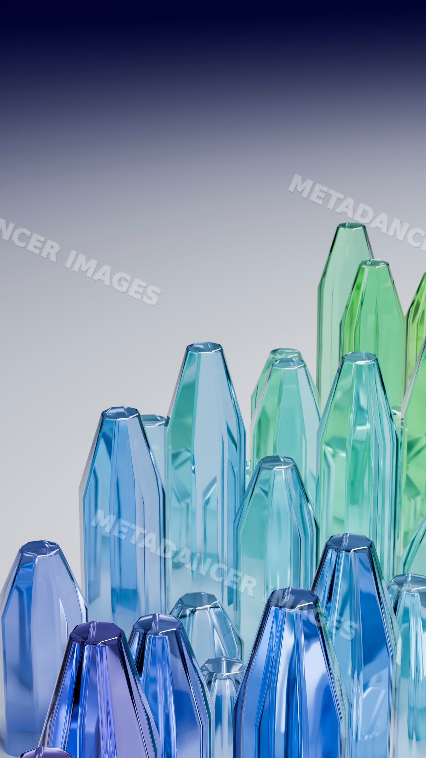 Cluster of faceted blue and green glass crystals