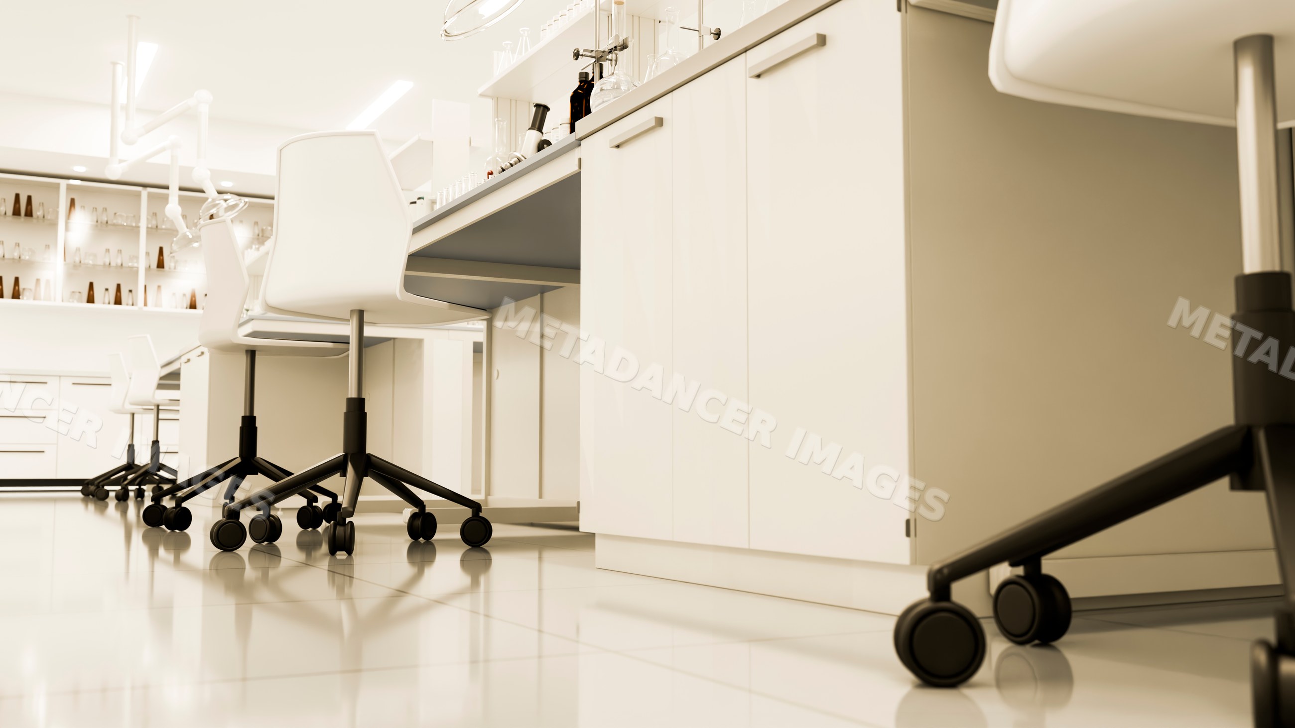 Modern laboratory interior with wheeled chairs and scientific