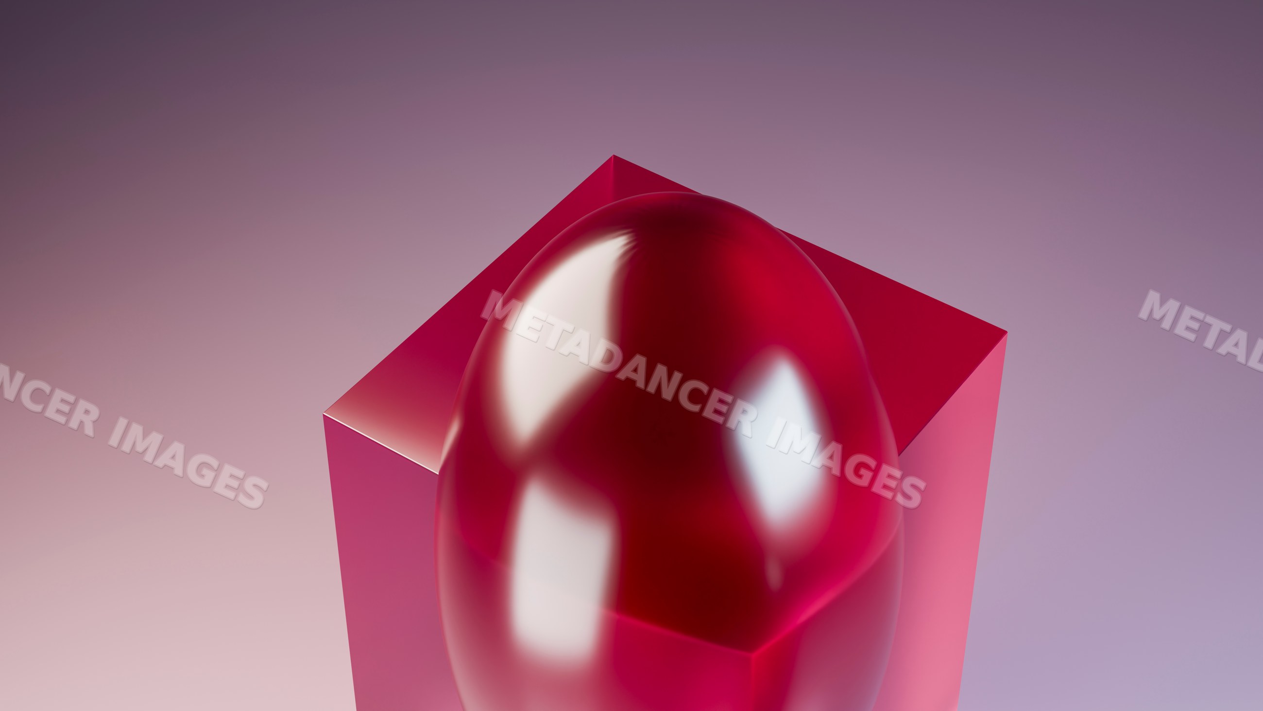 Red glossy egg sculpture on red cube with pink gradient background