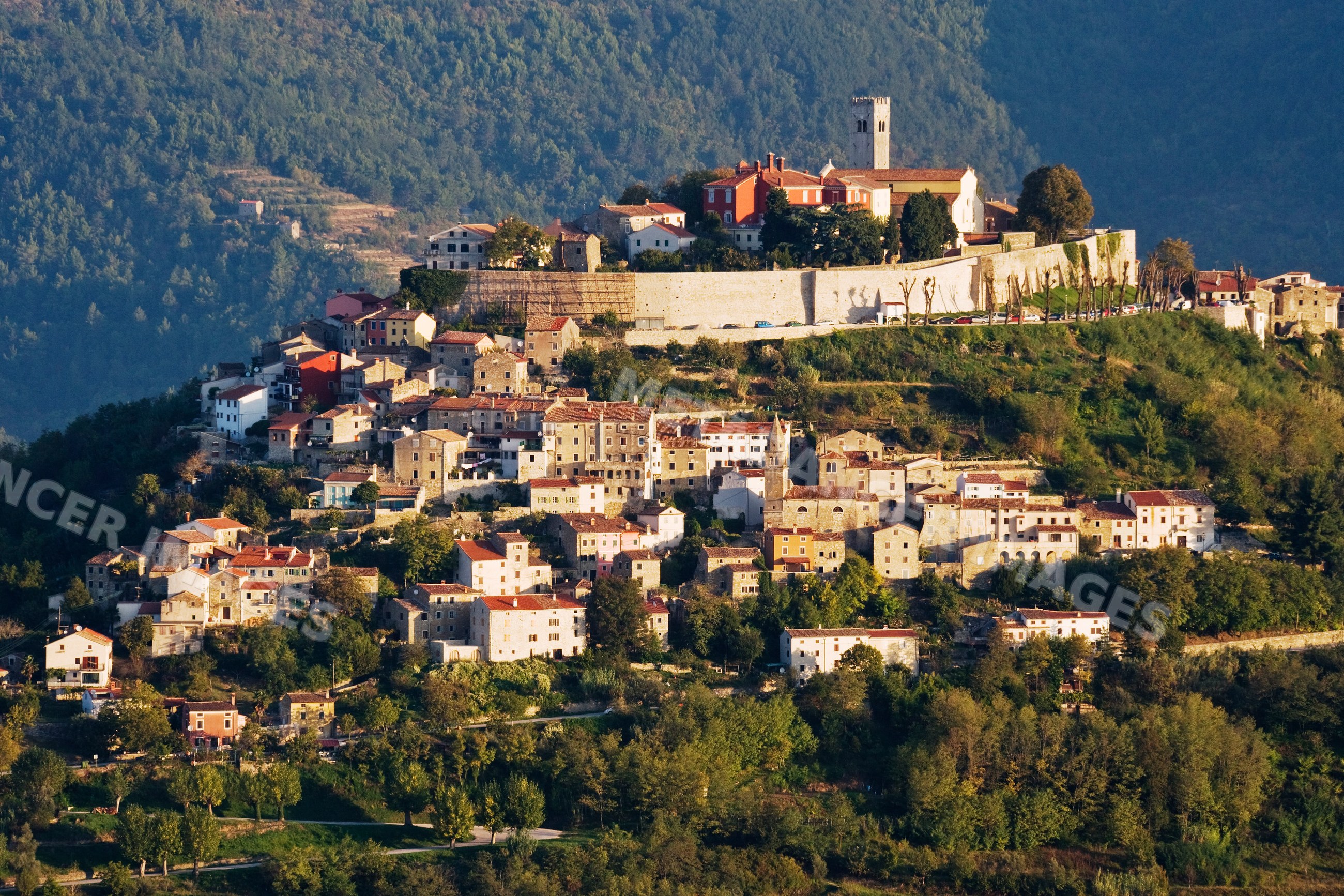Motovun hilltop town with historic castle walls and stone houses