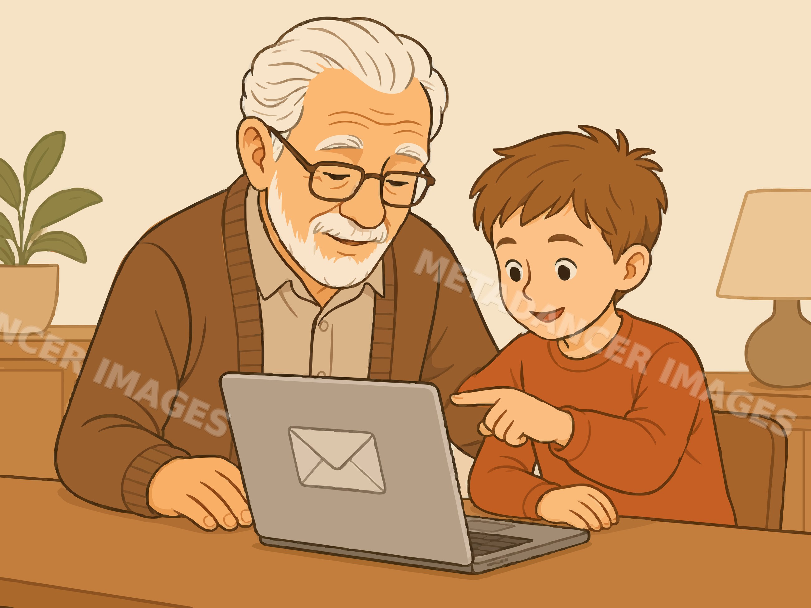 Grandfather and grandson using laptop to check electronic mail indoors