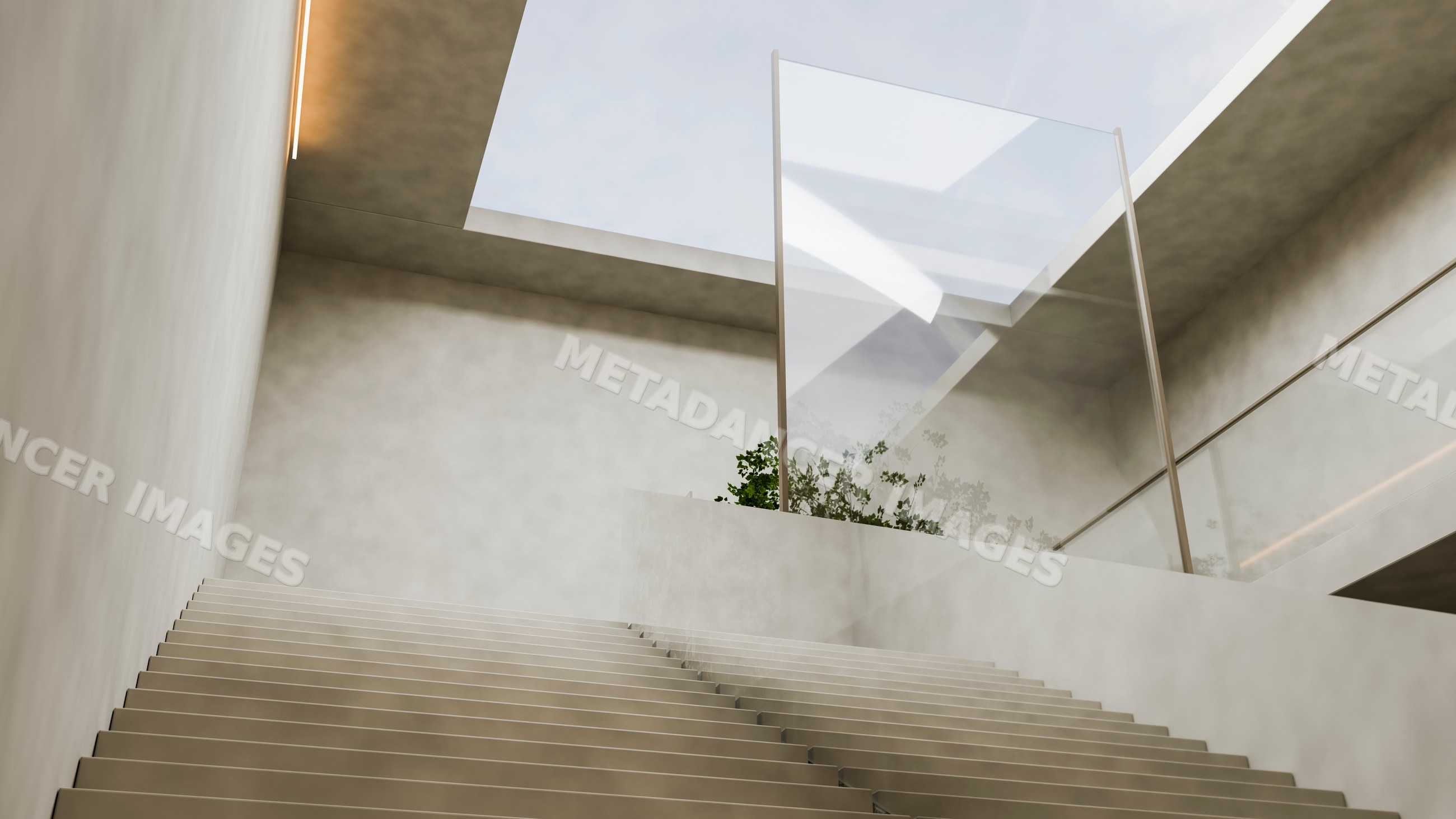 Modern interior staircase with glass railing and skylight