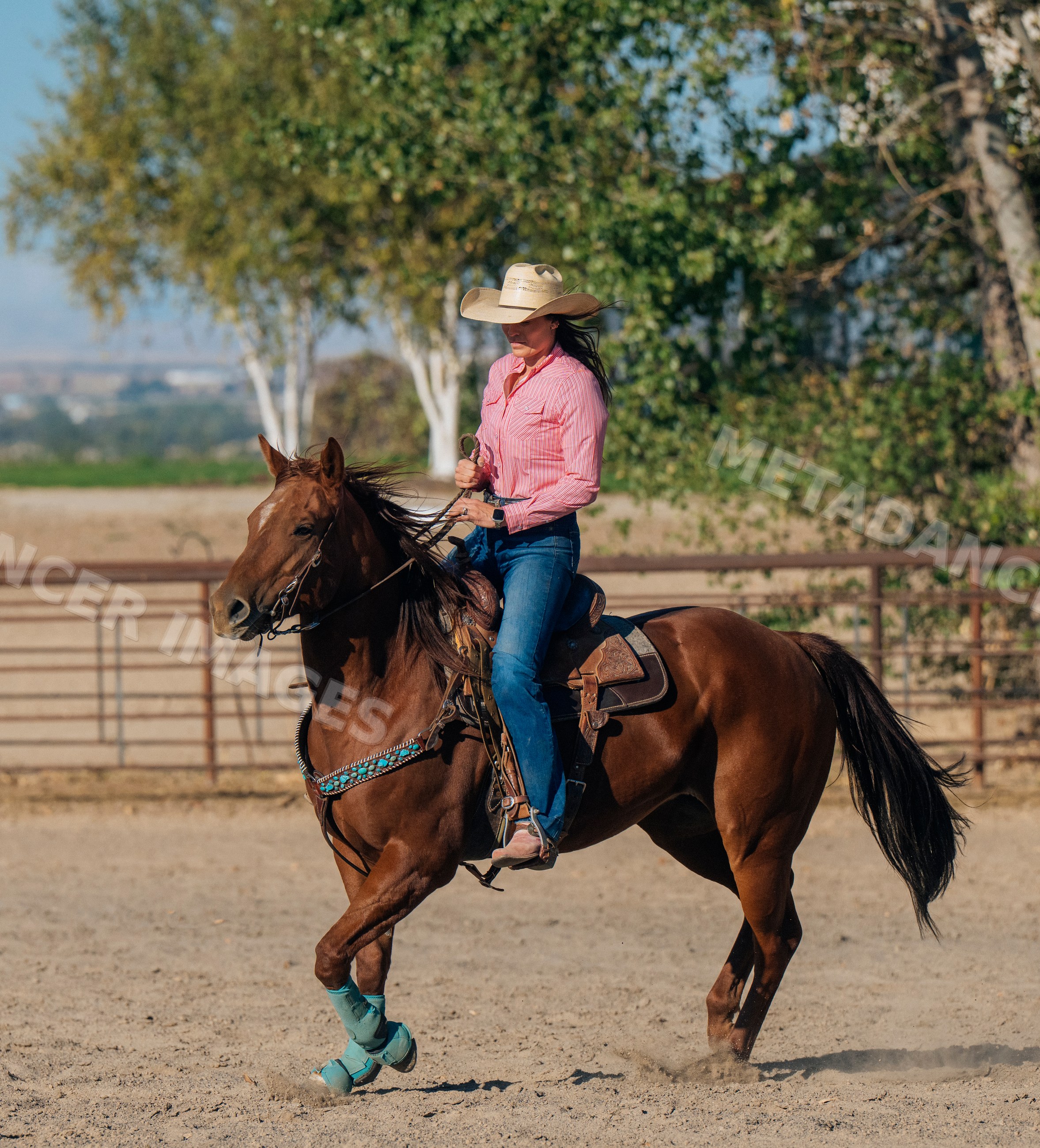 White woman riding brown horse